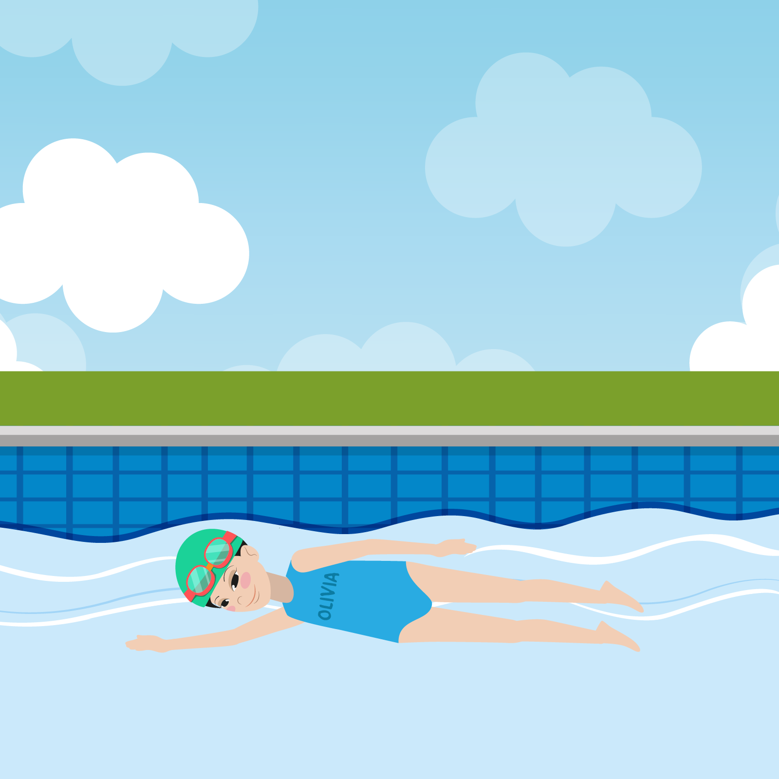 Ilustracja ukazuje dziewczynkę o imieniu Olivia w stroju do pływania oraz czepku, pływającą w basenie.