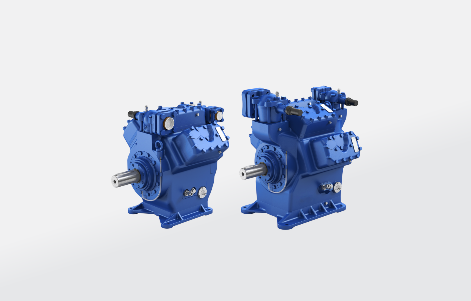 Przedstawiona grafika ukazuje dwa modele sprężarek otwartych, których korpusy charakteryzują się podobną budową. W obu przypadkach korpusy posiadają złożony, wielościanowy kształt zbliżony do prostopadłościanu, na którego powierzchni znajdują się wypukłości w postaci prostopadłościanów, cylindrów oraz walców. Bazę konstrukcji stanowi prostopadłościan, natomiast wypukłości te pojawiają się na różnych jego ścianach. Na powierzchni korpusów widoczne są również złącza, które służą do wskazania poziomu oleju. Z przodu urządzeń natomiast widoczny jest wał wirnika. 
