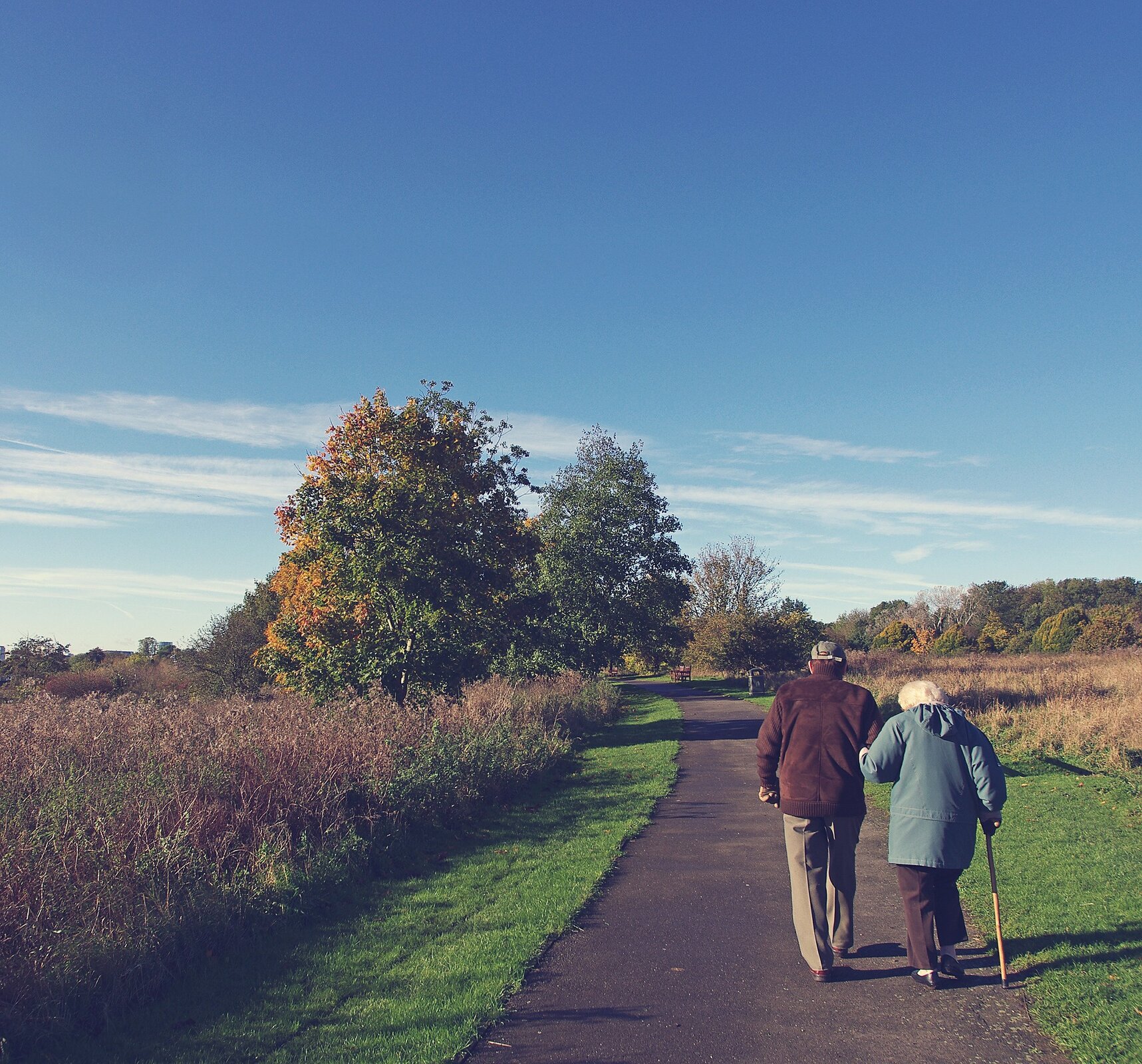 Na zdjęciu para starszych osób idzie ścieżką wśród zieleni. Kobieta podpiera się laską.