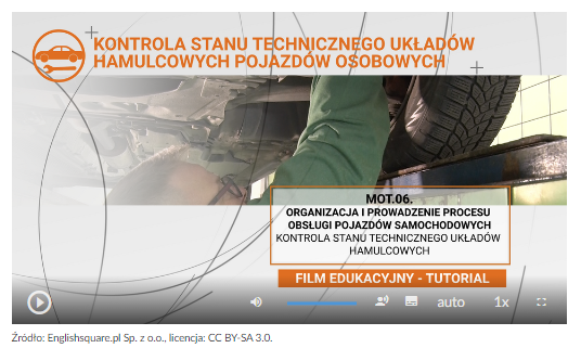 Grafika przedstawia kadr tytułowy filmu edukacyjnego. U góry znajduję się nazwa lekcji kontrola stanu technicznego układów hamulcowych pojazdów osobowych. Na środku znajduję się napis M O T kropka 0 6 kropka Organizacja i prowadzenie procesu obsługi pojazdów samochodowych. Pod tytuł kontrola stanu technicznego układów hamulcowych. W tle widać Pana mechanika w kanale, który sprawdza hamulce. Natomiast na samym dole znajdują się funkcje obsługi filmu. Są to od lewej: przycisk wznowienia i zatrzymania, pasek długości, ustawienia dźwięku, napisów, jakości nagrania, oraz prędkości odtwarzania.