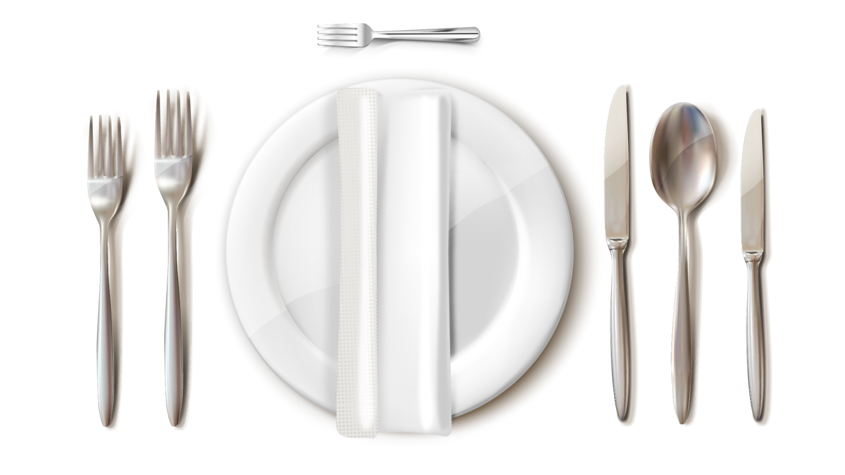 Grafika przedstawia zastawę stołową. Pośrodku widoczny jest biały talerz płaski, na którym leży biała serweta, po lewej stronie widoczne są dwa widelce: widelec zakąskowy i duży widelec; po prawej stronie widoczne są: duży nóż, duża łyżka stołowa i nóż do zakąsek. Powyżej talerza widoczny jest mały widelczyk do ciasta. Sztućce są w kolorze srebrnym wyobrażającym metal, zaś talerz jest biały i obrazuje porcelanę. 