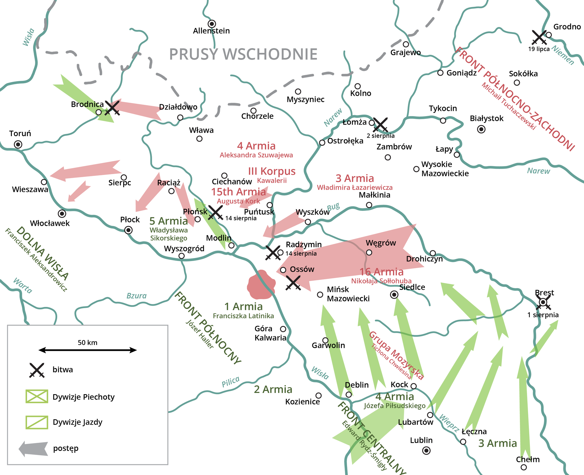 Mapa przedstawia działania wojenne w wojnie polsko-bolszewickiej z 1920 roku. Polskie wojsko rozmieszczone było po obu stronach Wisły od Sandomierza, aż od Torunia. W pierwszym etapie działań, ruchy wojska polskiego przebiegały z okolic Sandomierza na północny-wschód obok Lublina.  W drugim etapie ruchy wojska szły z okolic Lublina na północ do Brześcia, Siedlec, Mińska Mazowieckiego i w okolicach Modlina na północ do Płońska oraz na południe w stronę Brodnicy. Ruchy wojsk sowieckich w pierwszym i drugim etapie obejmowały marsz ze wschodu od strony Drohiczyna, Brześcia, Białegostoku na wschód na Warszawę. Rozegrane bitwy to 14 sierpnia bitwa pod Radzyminem, 17 sierpnia bitwa pod Zadwórzem, 31 sierpnia bój pod Komarowem, 20 września bitwa nad Niemnem oraz 14 sierpnia walki nad Wkrą.   Wiosną 1920 r. Rosja sowiecka rozpoczęła koncentrację sił na północnym odcinku frontu. Józef Piłsudski, Naczelnik Państwa, podjął decyzję o uderzeniu wyprzedzającym, mającym na celu zniszczenie sił sowieckich. 25 kwietnia 1920 r. rozpoczęła się wyprawa kijowska. Ofensywa, zakończona zajęciem Kijowa 8 maja 1920 r., nie osiągnęła zamierzonego celu. Armia bolszewicka cofała się, nie ponosiła jednak dotkliwych strat. Atak Armii Konnej Budionnego w czerwcu 1920 r. zmusił wojska polskie do odwrotu. Na północnym odcinku frontu, 4 lipca ruszyła ofensywa Armii Czerwonej dowodzonej przez Michaiła Tuchaczewskiego. Uderzenie Armii Czerwonej pod względem taktycznym i operacyjnym polegało na koncentracji dużych sił ruchomych na prawym, północnym skrzydle Frontu Zachodniego, jak również systematycznym oskrzydlaniu wojska polskiego przez znajdujący się na skrajnej prawej flance sowieckiej korpus kawalerii Gaj-Chana i ciągłym odpychaniu polskiego Frontu Północnego od granicy polsko-litewskiej, a następnie polsko-niemieckiej oraz wychodzeniu 3 Korpusu 4 Armii na skrzydło Wojska Polskiego i spychaniu go na południe, na błota poleskie. Taktyka ta przyniosła nadspodziewanie dobre rezultaty. Nastąpił szybki odwrót wojsk polskich aż do linii Bugu. Armia Czerwona pokonała w krótkim czasie ponad 400 kilometrów. Wojsko Polskie oddało bez poważniejszego oporu twierdzę Brześć. 10 sierpnia linia frontu znalazła się na wysokości Przasnysza, Wyszkowa, Siedlec. 3 Korpus Kawalerii bił się w Mławie, docierając ostatecznie do Działdowa. Tego dnia Tuchaczewski wydał dyrektywę opanowania Warszawy. Do tej chwili sukces Armii Czerwonej był całkowity. Potem nastąpiła Bitwa Warszawska. Gdy sowiecki Front Zachodni pod dowództwem Michaiła Tuchaczewskiego uderzał na Warszawę, sowiecki Front Południowo-Zachodni pod dowództwem Aleksandra Jegorowa  uderzał na Lwów. 1 Armia Konna pod dowództwem Siemiona Budionnego nacierała po bitwach pod Brodami i Krasnem bezpośrednio na miasto. Z Frontu Południowego Wojska Polskiego zostały tymczasem po 6 sierpnia wycofane jednostki Wojska Polskiego dla wzmocnienia grupy uderzeniowej Frontu Środkowego, przygotowywanej do uderzenia na flankę sowiecką znad Wieprza. Bitwa Warszawska rozgrywała się w trzech różnych lokalizacjach: bój na przedmieściach Warszawy, walki nad Wkrą oraz nad Wieprzem. 13 sierpnia, w pierwszym dniu bitwy, nastąpiło gwałtowne natarcie dwóch radzieckich związków taktycznych, jednej dywizji z 3 Armii Łazarewicza i jednej z 16 Armii Sołłohuba. Nacierały one na Warszawę z kierunku północno-wschodniego. Dwie rosyjskie dywizje uderzyły pod Radzyminem, przełamały obronę 11 Dywizji pułkownika Bolesława Jaźwińskiego i zdobyły Radzymin. Następnie jedna z nich ruszyła na Pragę, a druga skręciła w prawo, na Nieporęt i Jabłonną. Niepowodzenie to skłoniło dowódcę polskiego Frontu Północnego do wydania rozkazu wcześniejszego rozpoczęcia działań zaczepnych przez 5 Armię generała Sikorskiego (z Modlina). 14 sierpnia, wywiązały się zacięte walki wzdłuż wschodnich i południowo-wschodnich umocnień przedmościa warszawskiego - od Wiązowny po rejon Radzymina. 15 sierpnia nastąpiło koncentryczne natarcie odwodowych dywizji polskich, które zakończyło się sukcesem. Odzyskany został Radzymin i polskie oddziały wróciły na wcześniej utracone pozycje. 16 sierpnia na liniach bojowych przedmościa warszawskiego toczyły się nadal intensywne walki, ale sytuacja wojsk polskich ulegała częściowej poprawie. W okolicach Modlina działania zbrojne początkowo nie przynosiły wyraźnego rozstrzygnięcia. 5 Armia generała Sikorskiego, która na rozkaz dowódcy przeszła 14 sierpnia do natarcia w kierunku Nasielska, czyniła postępy. Dopiero 16 sierpnia, koncentryczne uderzenie armii Sikorskiego, wyprowadzone z południowo-wschodnich fortów Modlina i znad Wkry, doprowadziło do opanowania Nasielska. Dało możliwość kontynuowania ataku na wojska bolszewickie stacjonujące w okolicach Serocka i Pułtuska. Na lewym skrzydle frontu polskiego natomiast sytuacja układała się niepomyślnie. 4 Armia Szuwajewa i 3 Korpus Kawalerii Gaja, parły na Płock, Włocławek i Brodnicę i rozpoczęły forsowanie Wisły w rejonie Nieszawy. Pod wpływem tych wydarzeń naczelny wódz Wojska Polskiego zdecydował się rozpocząć manewr zaczepny znad dolnego Wieprza. 16 sierpnia 1920 rozpoczęło się kontruderzenie. Dywizje grupy uderzeniowe ruszyły szerokim frontem, by już w drugim dniu natarcia dotrzeć do szosy Warszawa-Brześć. Prawe skrzydło natarcia osłaniała 3 Dywizja Piechoty Legionów maszerująca na Włodawę i Brześć. Pod Warszawą wojska radzieckie zostały związane energicznym zwrotem zaczepnym sił polskich przedmościa, wspartych czołgami i atakującymi w kierunku na Mińsk Mazowiecki. 3 Dywizja Piechoty Legionów zajęła Włodawę. 1 Dywizja Piechoty Legionów odcinek Wisznice-Wohyń, a 21 Dywizja Piechoty Górskiej oraz dywizje wielkopolskie 14 i 16 osiągnęły rubież rzeki Wilgi, zajęły Garwolin i wysunęły patrole pod Wiązowną. 2 Dywizja Piechoty Legionów, przerzucona z zachodniego brzegu Wisły, przejęła rolę odwodu grupy uderzeniowej. 17 sierpnia siły polskie osiągnęły linię Biała Podlaska-Międzyrzec-Siedlce-Kałuszyn-Mińsk Mazowiecki. W tym samym czasie reszta wojsk polskich przeszła do kontrofensywy na całej długości frontu. 5 Armia znad Wkry uderzyła na XV i III Armie bolszewickie. Wskutek czego większa część wojsk sowieckich przeszła do nieskoordynowanego odwrotu. Część sił sowieckich, 3 korpus kawalerii Gaj-Chana (dwie dywizje) oraz część 4 i 15 armii (6 dywizji) nie mogąc się przebić na wschód 24 sierpnia 1920 roku przekroczyła granicę niemiecką i została internowana na terytorium Prus Wschodnich.