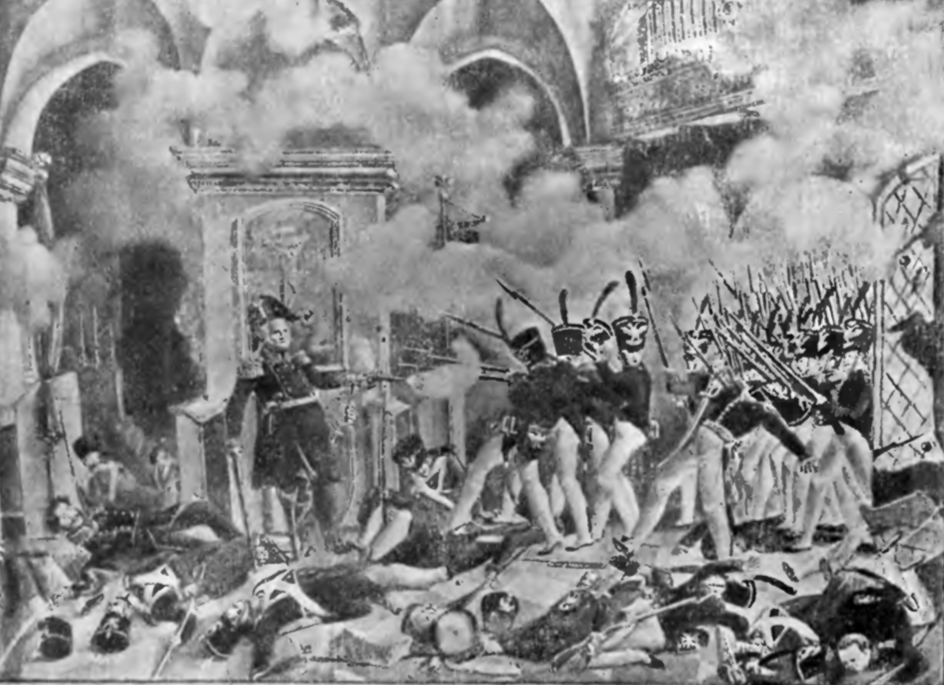 Kliknij, aby powiększyć. Czarno‑biała grafika przedstawia bohaterską śmierć generała Sowińskiego w kościele św. Wawrzyńca. W centralnym punkcie po lewej stronie stoi generał w ciemnym mundurze i napoleońskiej czapce. Prawą rękę opiera na lasce. W lewej trzyma pistolet, którym celuje w stronę stojących naprzeciwko niego, z prawej strony obrazu, żołnierzy rosyjskich, mierzących do niego z karabinów. Żołnierze ci ubrani są w krótkie, ciemne kurtki i białe, obcisłe spodnie. Na głowach mają wysokie czapki z bizantyjskim orłem i czarnym piórem. Na pierwszym planie leżą zabici obrońcy woli w ciemnych, nieco dłuższych mundurach przepasanych krzyżowo na piersiach białymi wstęgami, w czapkach z polskim orłem. W tle spowite dymem nawy i łuki kościelnego sklepienia.