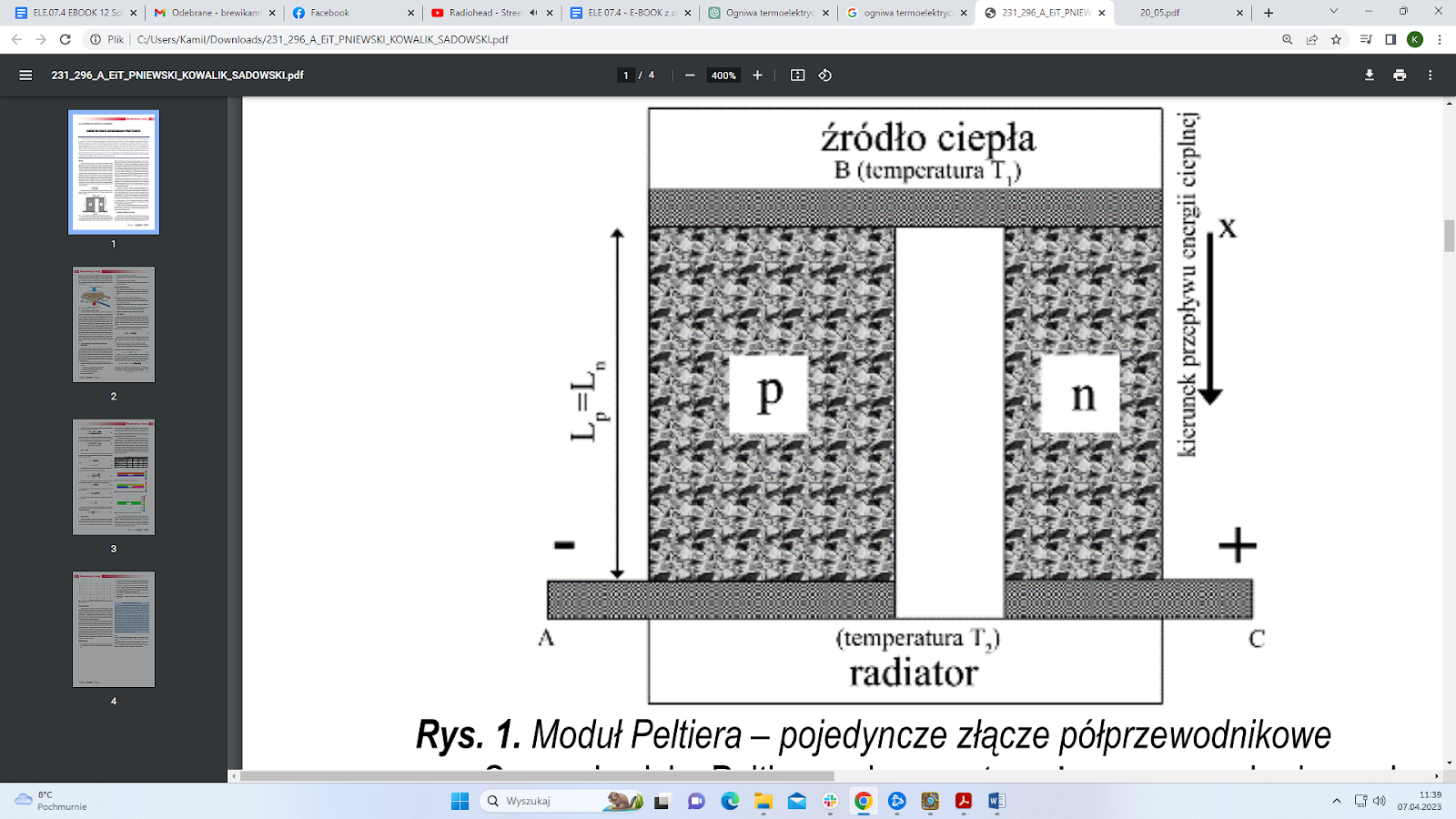 Rys. 16.2. Schemat zasady działania modułu Peltiera na przykładzie działania pojedynczego złącza p‑n