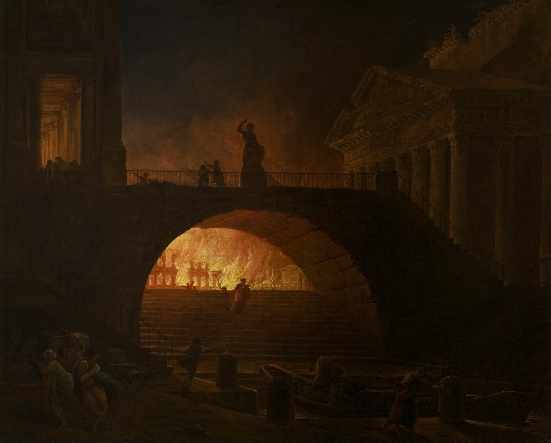 Ilustracja przedstawia obraz Humerta Roberta pod tytułem „Pożar Rzymu”. Na obrazie znajduje się widok na kamienne budowle, łukowaty most i znajdujące się za nim schody, na których widoczni są uciekający w popłochu ludzie. W oddali widoczny jest pożar i unoszące się ku niebu kłęby dymu. Akcja obrazu dzieje się w nocy. 