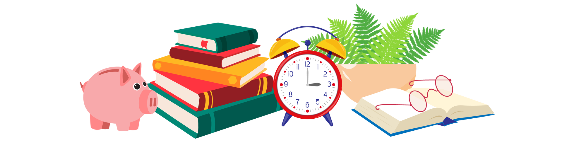 Ilustracja przedstawia kilka przedmiotów znajdujących się blisko siebie. Po lewej stronie stoi różowa świnka skarbonka. Obok niej widać stos książek w kolorowych okładkach. Na środku stoi czerwono‑granatowo‑złoty budzik ze wskazówkami. Za budzikiem znajduje się paproć w beżowej donicy, a po prawej stronie leży otwarta książka w granatowej okładce. Na książce leżą okulary w okrągłych ciemnoróżowych oprawkach.