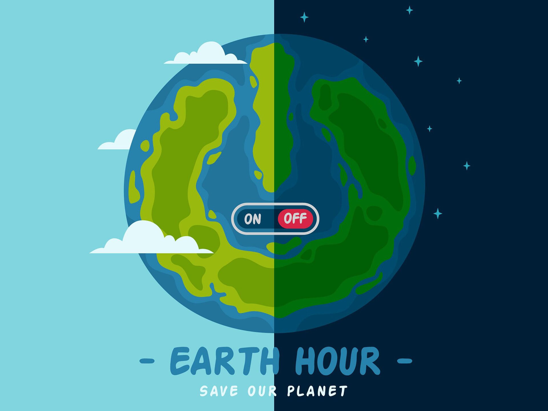 Grafika przedstawia kulę ziemską ze schematycznie narysowanymi zielonymi lądami otoczonymi niebieskim kolorem. Kula została podzielona na pół. Lewa strona półkuli przedstawiona jest na tle błękitnego nieba z białymi chmurkami, a prawa – na tle granatowego nieba z gwiazdami. Na kuli ziemskiej  widoczny jest panel z przyciskami podpisanymi w języku angielskim: granatowym – ON i czerwonym – OFF. Poniżej kuli widoczny jest napis w języku angielskim: EARTH HOUR - SAVE OUR PLANET.