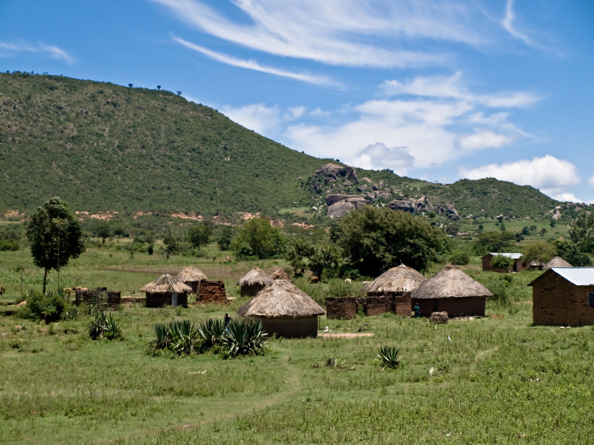 Na zdjęciu afrykańska wioska. Na pierwszym planie okrągłe chatki pokryte słomą, na drugim planie drzewa. W tle góry.