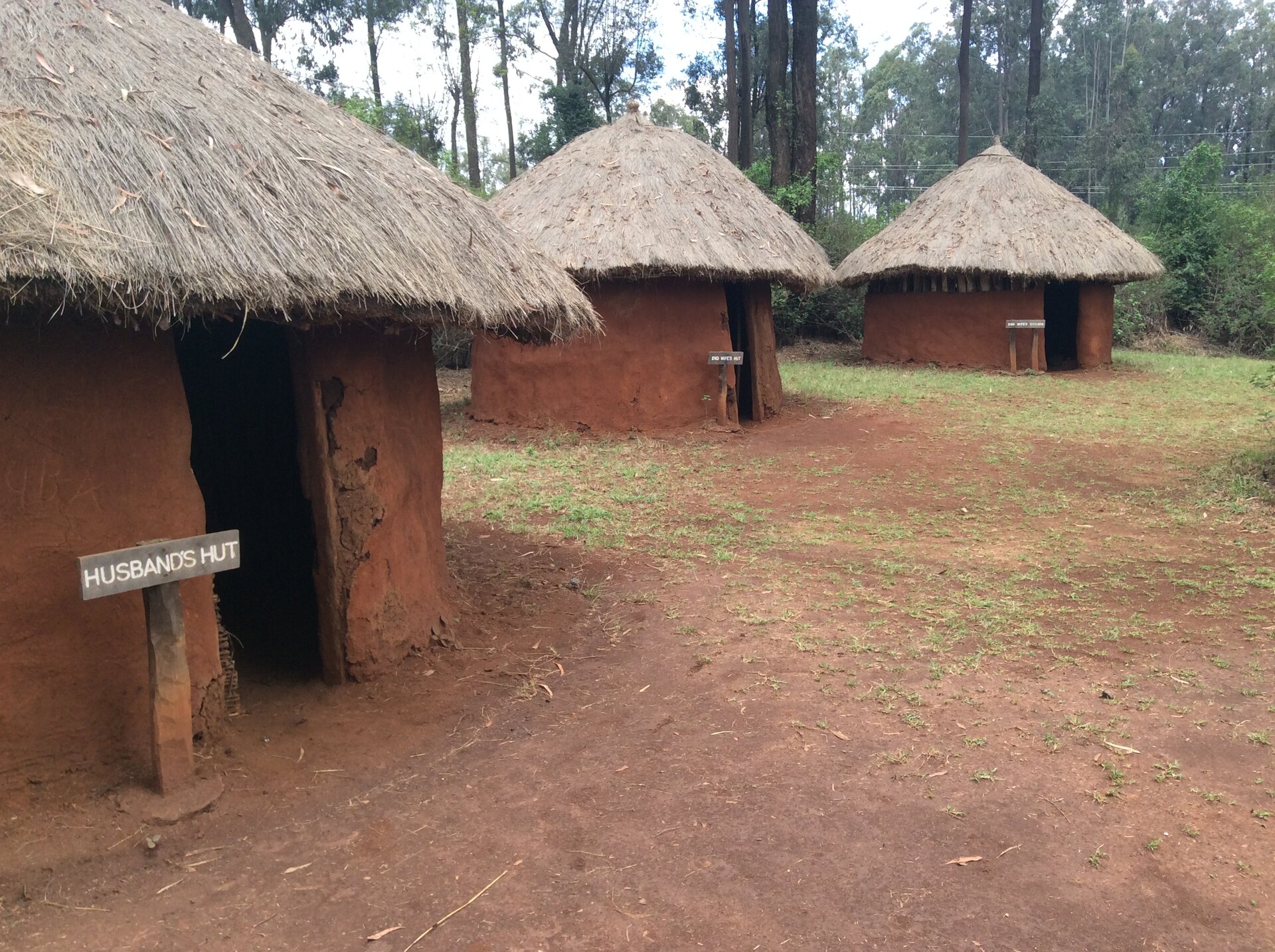  Na fotografii trzy gliniane domki o rdzawym kolorze pokryte strzechą. Wokół wysokie drzewa i trawa, gdzieniegdzie przebija się rdzawa gleba.  
