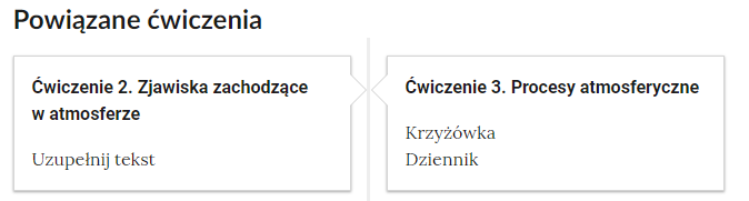 Ilustracja przedstawia dwa dymki kierujące do powiązanych ćwiczeń. W dymku po lewej znajduje się Ćwiczenie 2. Zjawiska zachodzące w atmosferze. Uzupełnij tekst. W dymku po prawej znajduje się Ćwiczenie 3. Procesy atmosferyczne. Krzyżówka. Dziennik.