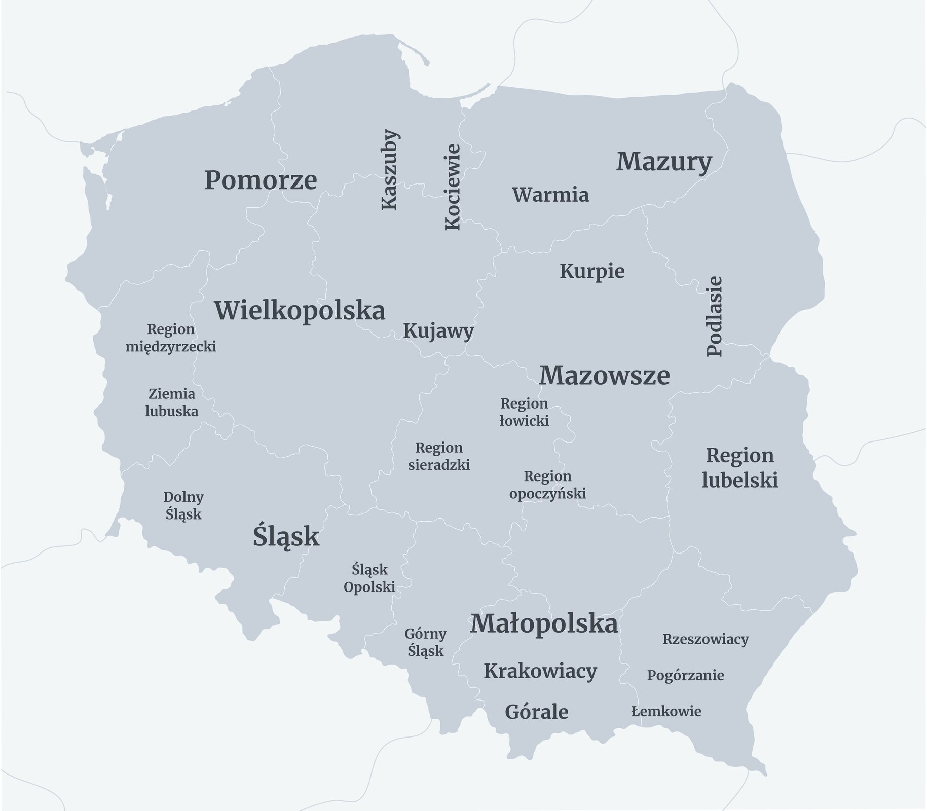 Ilustracja przedstawia szary zrzut mapy Polski z białymi zarysami  szesnastu województw oraz wyszczególnionymi regionami. Na północy kraju znajduje się Pomorze, Kaszuby, Kociewie, Warmia i Mazury, które wchodzą w skład województw Zachodniopomorskiego, Pomorskiego oraz Warmińsko‑mazurskiego. W zachodniej części ulokowane jest województwo Lubuskie składające się z Regionu międzyrzeckiego oraz Ziemi lubuskiej. Regiony Wielkopolski i Mazowsza położone są w centrum kraju. Oprócz tych dwóch głównych regionów są też Kujawy, Kurpie, Region sieradzki, łowicki  oraz opoczyński, które znajdują się na ziemi Wielkopolskiej, Kujawsko‑pomorskiej,  Łódzkiej i Mazowieckiej. Wschodnia cześć Polski to Podlasie i Region lubelski,  czyli Województwo Podlaskie i Lubelskie. Południe kraju to rozległy region. Śląsk, Dolny Śląsk, Śląsk Opolski oraz Górny Śląsk, Małopolska  to Krakowiacy i Górale, natomiast do Podkarpacia należą Rzeszowiacy, Podgórzanie  i Łemkowie.