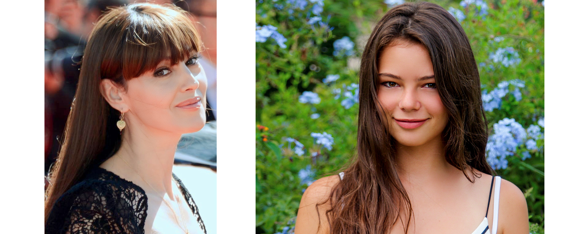 Ilustracja składa się z dwóch zdjęć. Mniejsze zdjęcie po lewej przedstawia twarz znanej aktorki Monici Bellucci. Aktorka ma długie, proste włosy. Na większym zdjęciu po prawej widoczna jest uśmiechnięta twarz włoskiej aktorki Eleonory Gaggero. Aktorka ma lekko pofalowanie, długie włosy. Jest znacznie młodsza od aktorki po lewej stronie.