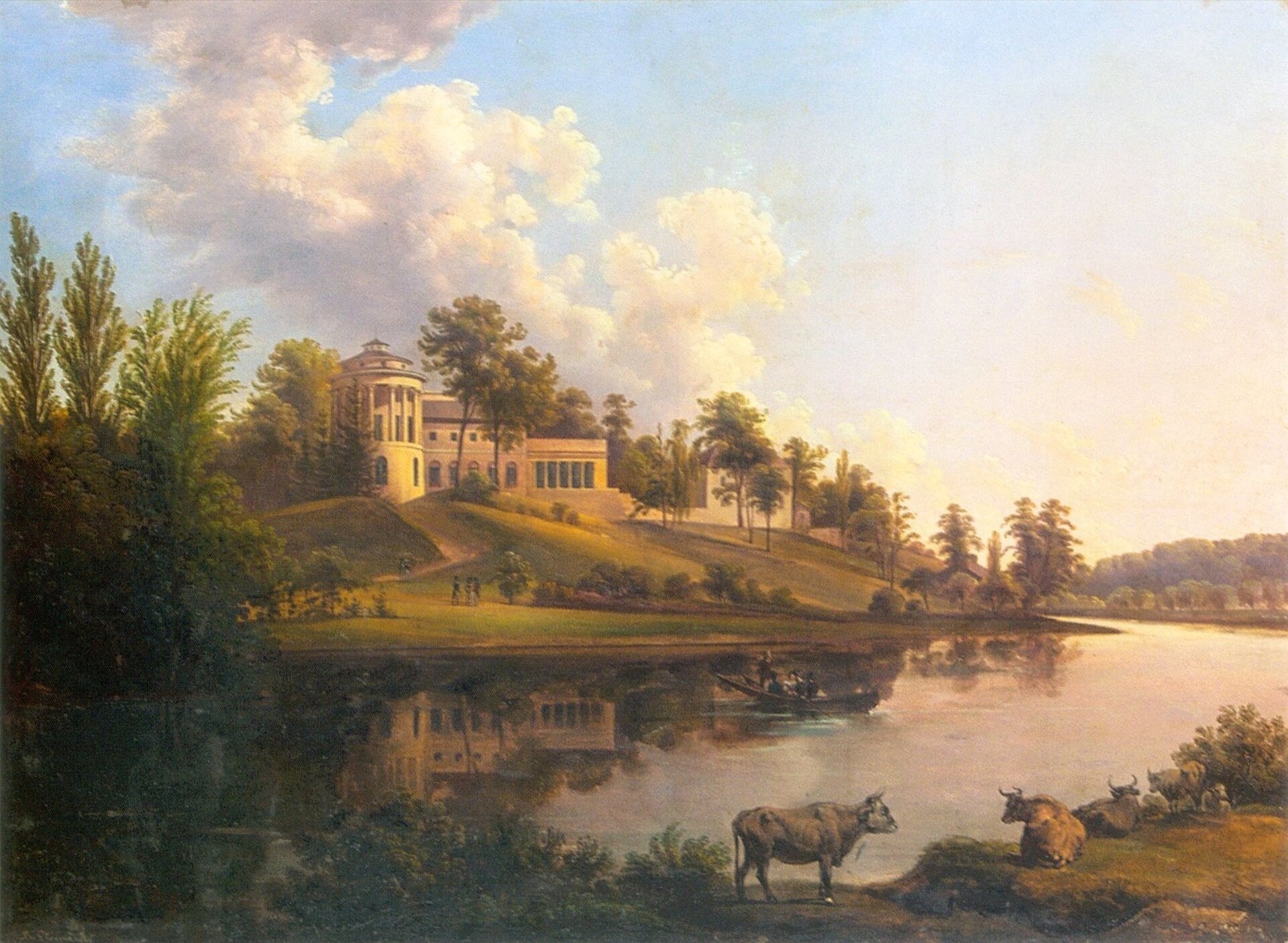 Ilustracja przedstawia krajobraz nad rzeką w piękny, słoneczny dzień. Na wzgórzu nad rzeką wznosi się niewielki pałacyk z okrągłą basztą, do którego prowadzi ścieżka od rzeki. Wokół rosną drzewa. Pałacyk odbija się w leniwie płynącej wodzie. Na pierwszym planie, po drugiej stronie rzeki pasą  się i wylegują  cztery krowy. Środkiem rzeki płynie niewielka łódź z trojgiem ludzi.