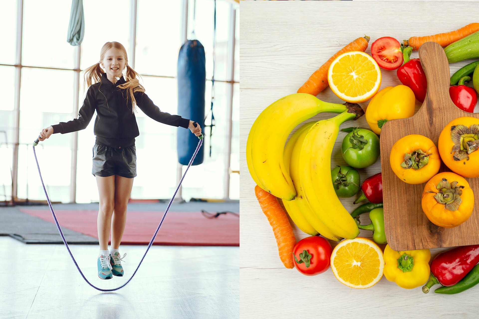 Grafika składa się z dwóch zdjęć. Zdjęcie lewe ukazuje blondwłosą dziewczynkę w wieku około 12 lat. Dziewczynka skacze na skakance w stroju sportowym. Prawe zdjęcie przedstawia zbiór owoców i warzyw ułożonych obok siebie, są tam między innymi marchewki, pomidory papryki, dynie, cytryny oraz banany.
