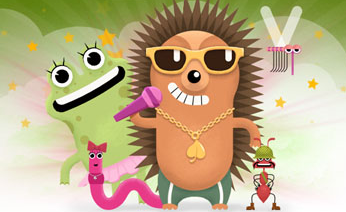 Kliknij żeby powiększyć Ilustracja przedstawia zabawne rysunki zwierząt: jeża, żaby, mrówki, komara i dżdżownicę. Jeż stoi w centralnej części rysunku. Ma ciemne okulary, na szyi złoty łańcuch z zawieszką w kształcie liścia. Jeż śpiewa do mikrofonu. Po jego lewej stronie, zza pleców wgląda uśmiechnięta żaba. Obok żaby jest różowa dżdżownica z kokardą na głowie. Po prawej stronie stoi mała mrówka. Na głowie ma hełm. W prawym górnym rogu fruwa komar. Całość rysunku przyozdabiają gwiazdki. Tło stanowią różne odcienie zieleni.