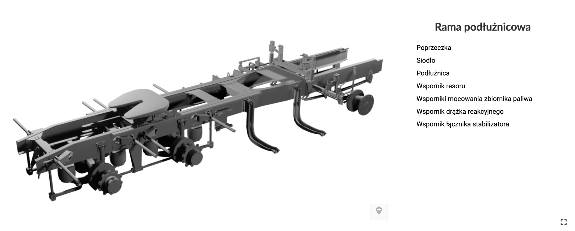 Zrzut ekranu przedstawia ilustrację interaktywną. Z lewej strony znajduje się rysunek ramy pojazdu ciężarowego, a z prawej lista jej elementów.