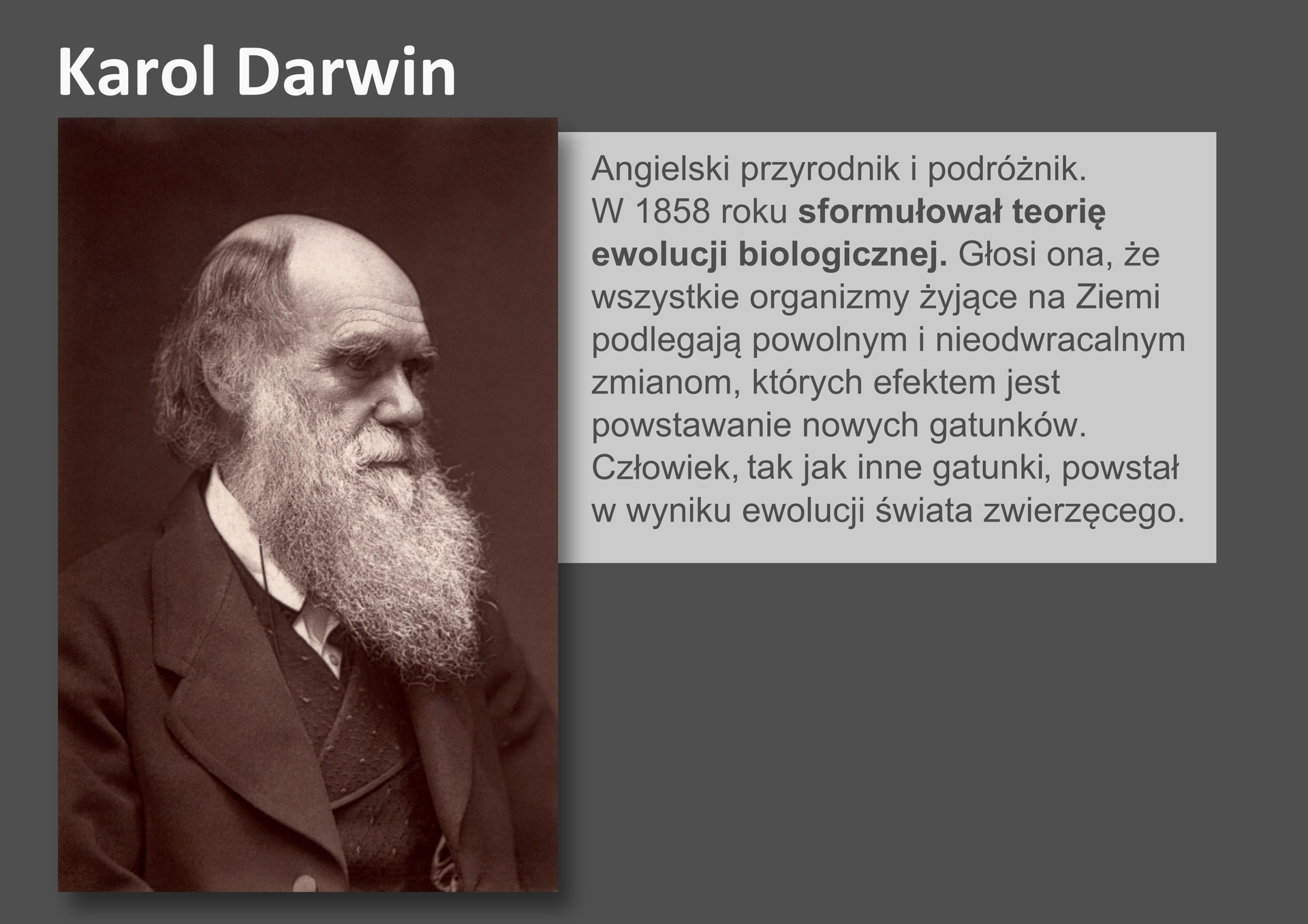Galeria przedstawia pionierów nauk przyrodniczych. Składa się z dziewięciu slajdów w postaci ilustracji i umieszczonego obok opisu. Ilustracje pojawiają się kolejno, kiedy klika się w strzałki, znajdujące się po prawej i lewej stronie ilustracji. Szósty slajd przedstawia czarno – białą fotografię Karola Darwina, angielskiego przyrodnika z dziewiętnastego wieku. Darwin ubrany jest w surdut, kamizelkę i białą koszulę. Na tym zdjęciu ma łysinę, resztki siwych włosów i długą, siwą brodę. W 1858 roku Darwin ogłosił teorię ewolucji biologicznej, w której znalazł się pogląd, że człowiek tak jak inne gatunki powstał w drodze ewolucji świata zwierzęcego.