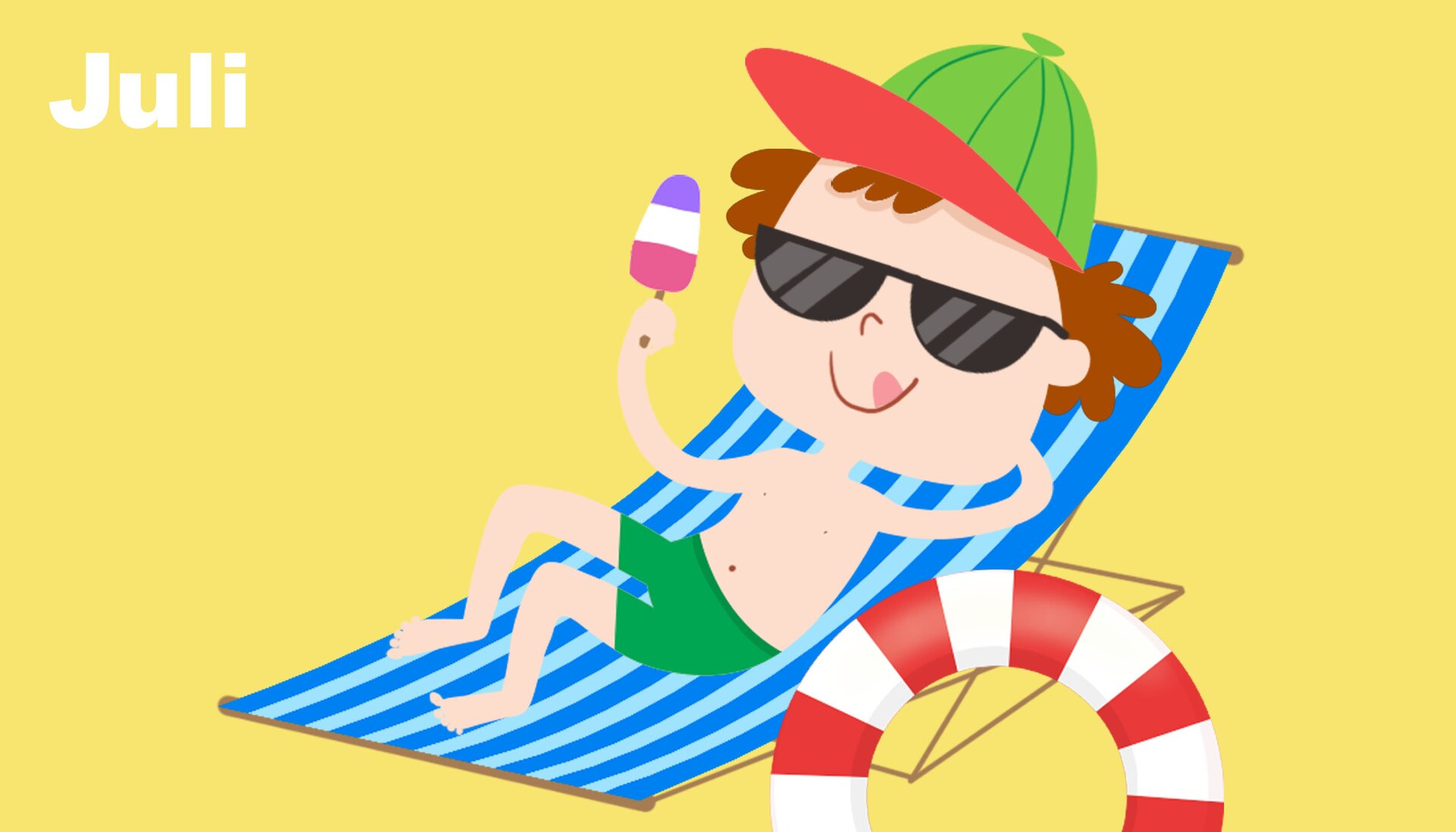 Na ilustracji znajduje się chłopiec w okularach  leżący na leżaku. Je loda.