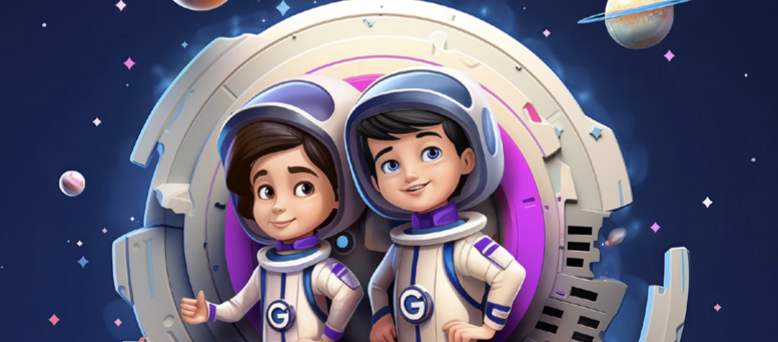 Na ilustracji widać dwie postacie ubrane w białe stroje astronautów z elementami koloru fioletowego i literą „G” na piersi. Stoją obok siebie na tle futurystycznego statku kosmicznego. Wokół znajdują się planety i gwiazdy na ciemnym, kosmicznym tle.