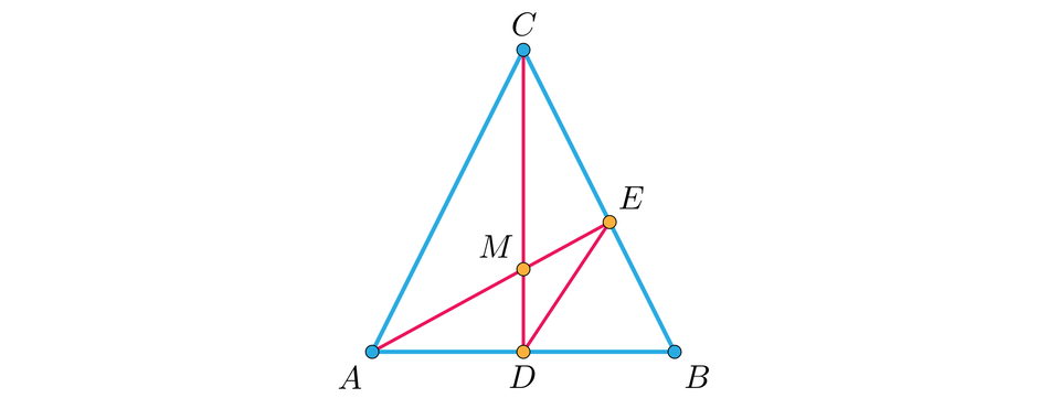 Ilustracja przedstawia trójkąt równoboczny A B C. Z wierzchołka C poprowadzona została wysokość upuszczona na bok A B w punkcie D. Z wierzchołka A poprowadzona została wysokość upuszczona na bok B C w punkcie E. Obie wysokości przecinają się w punkcie M i tworzą dwa  nowe trójkąty, pierwszy D E M oraz drugi AED.