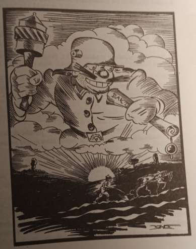Ilustracja przedstawia ogromną postać w niemieckim mundurze, która trzyma granat i zwój papieru z napisem pakt. Postać ma kocie wąsy. Wyłania się z chmur. Znajduje się nad polem, po którym idzie mały człowiek z koniem. Mały człowiek orze pole.