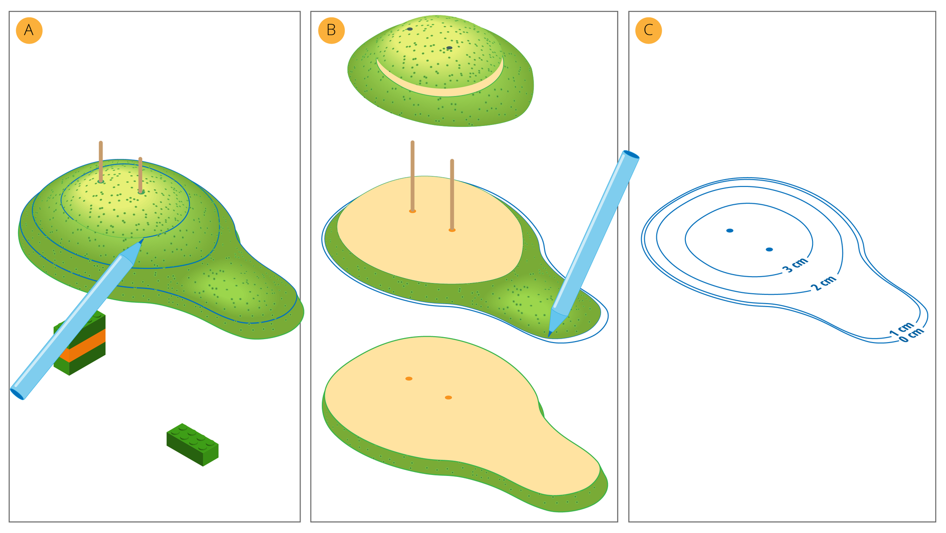 Ilustracja prezentuje kolejne etapy wyznaczania poziomic na modelu. Na rysunku A, widnieje zielone wzniesienie, w którego szczyt wbite są dwa drewniane paliki. Wzniesienie dookoła obrysowane jest niebieskim, pociągłym, owalnym długopisem, tworząc okręgi. Na rysunku B, wzniesienie zostaje przecięte w miejscu nakreślonych okręgów, tak że widoczny jest przekrój wnętrza o kolorze żółtym. W miejscu wbitych palików, widnieją dwa pomarańczowe, niewielkie okręgi. Na rysunku C widoczne są nieregularne okręgi, w kolorze niebieskim, tworzące mapę poziomicową danego wzniesienia. Widnieją 4 okręgi od 0 cm do 3 cm.