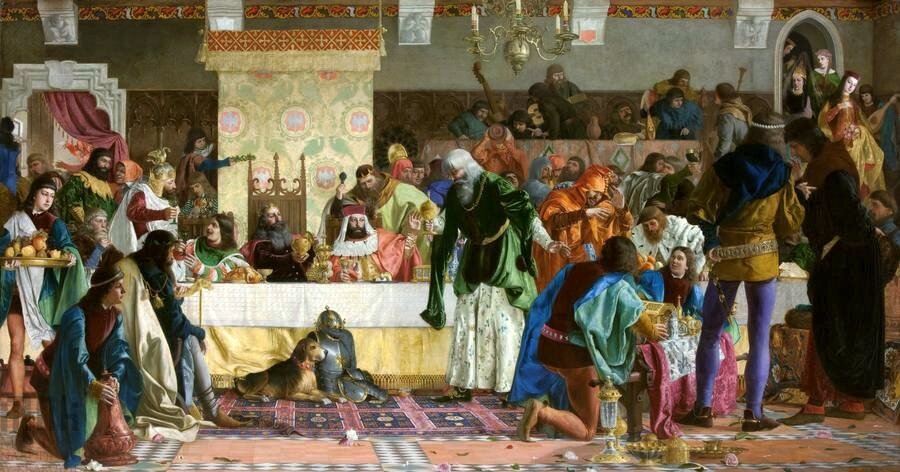 Obraz przedstawia scenę uczty. W centralnej części obrazu stoi stół za którym na krześle z wysokim oparciem siedzi król Polski. Obok siedzą inni monarchowie. Ubrani w szaty królewskie, na głowach mają korony. Wokół stołu zebrali się biesiadnicy, stoją siedzą, jedzą, rozmawiają ze sobą. Wśród nich chodzi służba z dzbanami i tacami z jedzeniem. Przed stołem stoi górna część zbroi rycerskiej przy której leży pies.