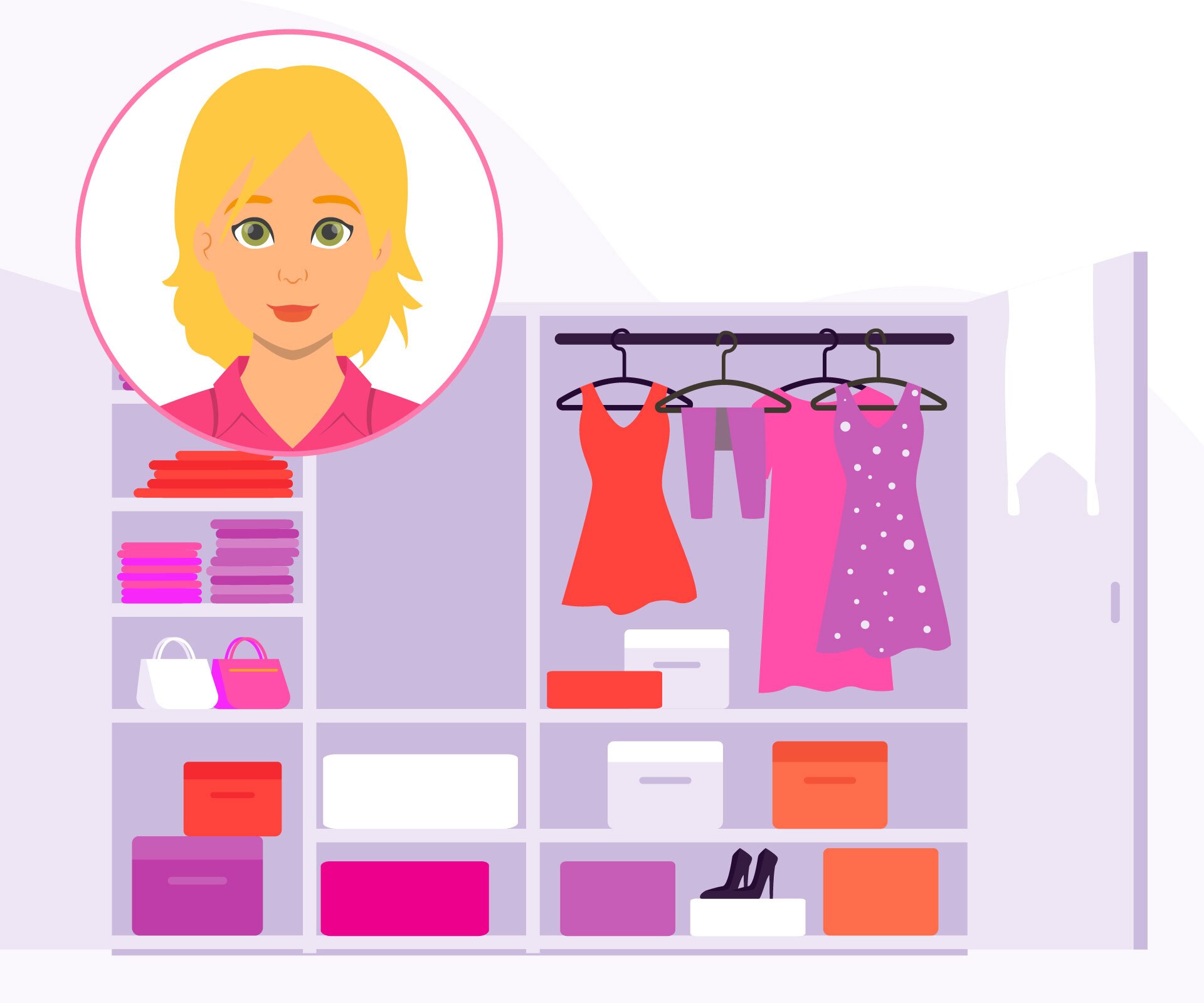 Ilustracja przedstawia otwartą szafą na ubrania. W środku widoczne są ubrania wiszące na wieszakach. Pudła i pudełka zajmują dolną część szafy. Na półkach widoczne ułożone w kostkę ubrania. U góry ilustracji widoczna twarz kobiety w kółku. 