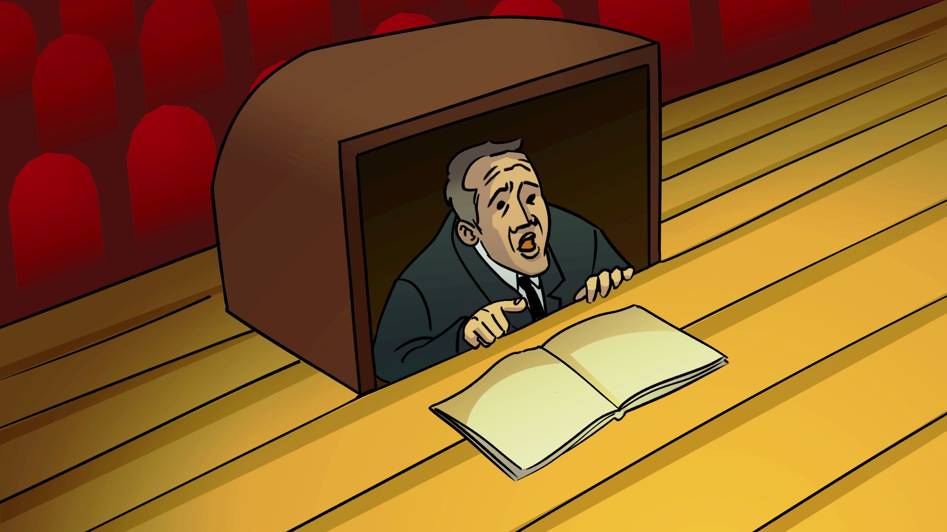 Zdjęcie przedstawia mężczyznę w budce suflera. Budka znajduje się na scenie teatralnej. Mężczyzna ma przed sobą notatnik/scenariusz. 