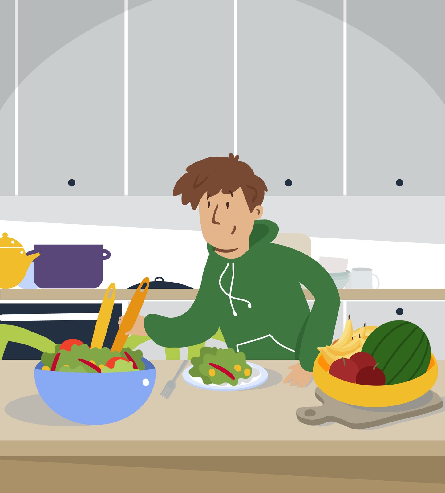 3. 1. Ilustracja przedstawia chłopca w zielonej bluzie z kapturem jedzącego sałatkę. Ćwiczenie alternatywne wyświetla się w trybie dostępności.