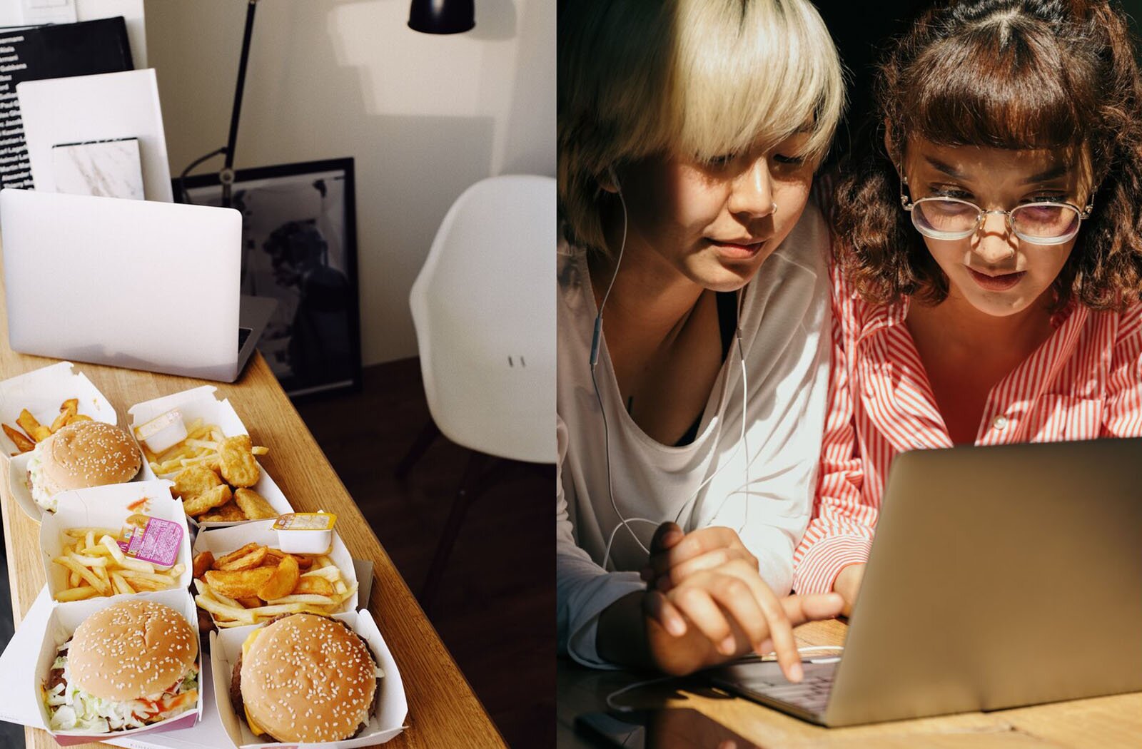 Ilustracja składa się z dwóch zdjęć. Na zdjęciu po lewej stronie widoczna jest drewniana lada, na której stoją jednorazowe opakowania z hamburgerami, frytkami i nuggetsami. Za nimi na ladzie stoi otwarty laptop. Na zdjęciu po prawej stronie widoczne są dwie młode kobiety siedzące przy drewnianym blacie i pochylające się w kierunku otwartego laptopa. Dziewczyna po lewej stronie ma słuchawki w uszach i palcem wskazującym prawej dłoni dotyka klawiatury.