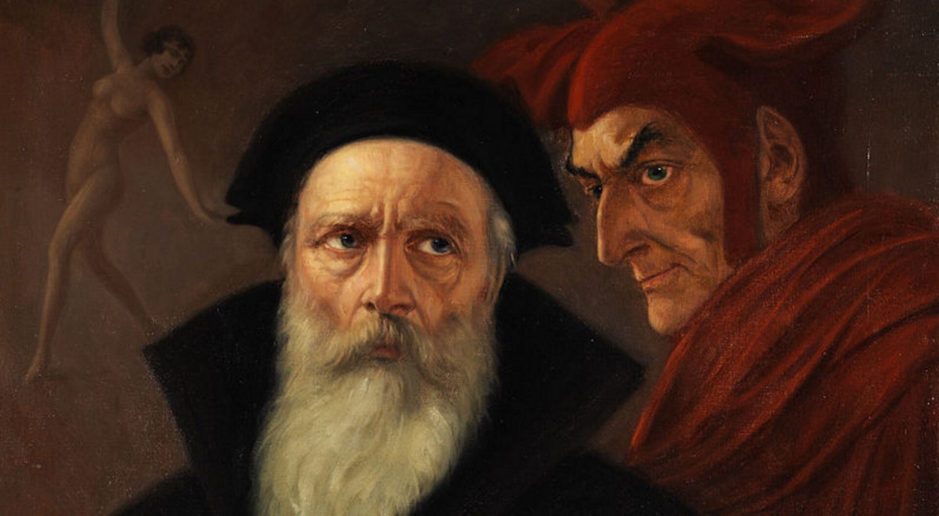 Ilustracja przedstawia obraz Antona Kaulbacha „Faust i Mefisto”. Na obrazie widzimy dwóch mężczyzn - Fausta i Mefisto. Faust to starszy mężczyzna z długą, siwą brodą. Ubrany w czarną czapkę oraz płaszcz. Mesfisto to młodszy mężczyzna. Ubrany w czerwone szaty oraz czerwoną czapkę z rogami. Na drugim planie tańczy naga kobieta, ręce uniesione ma ku górze.