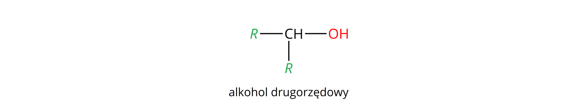 Ilustracja przedstawia wzór alkoholu drugorzędowego: do atomu węgla przyłączony jest atom wodoru, dwie grupy R, zaznaczone na zielono, i grupa OH, zaznaczona na czerwono.