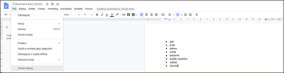 Ilustracja przedstawiająca interfejs aplikacji Dokumenty Google. Z górnego menu wybrano Plik, następnie zaznaczono opcję Zmień nazwę. W obszarze roboczym znajduje się strona z listą nieuporządkowaną. 