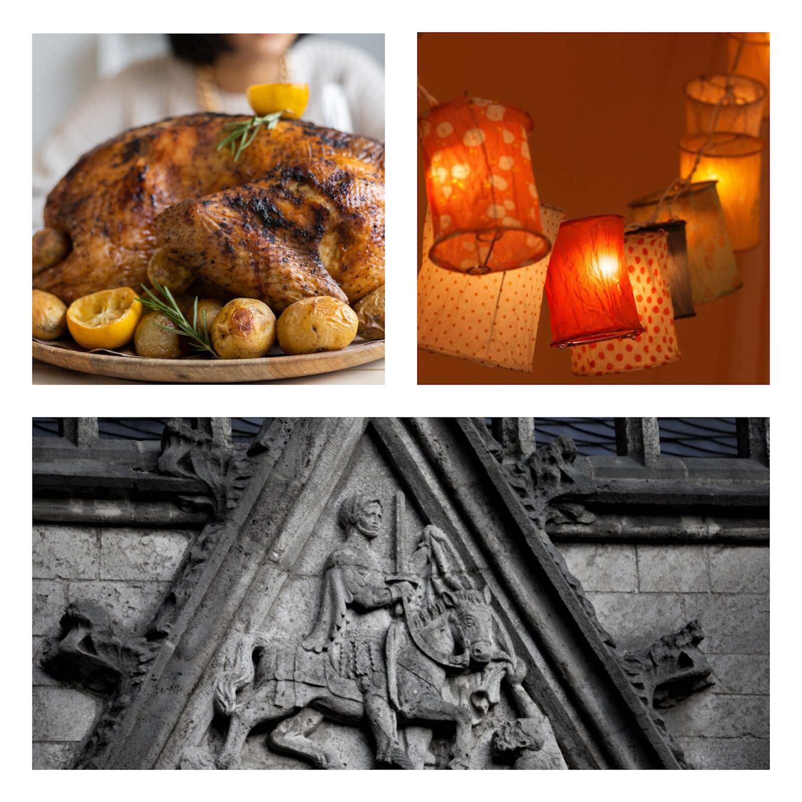 Ilustracja składa się z trzech zdjęć. Na pierwszym widoczna jest pieczona gęś, na drugim kolorowe lampiony, a na trzecim fragment płaskorzeźby przedstawiającej mężczyznę na koniu.