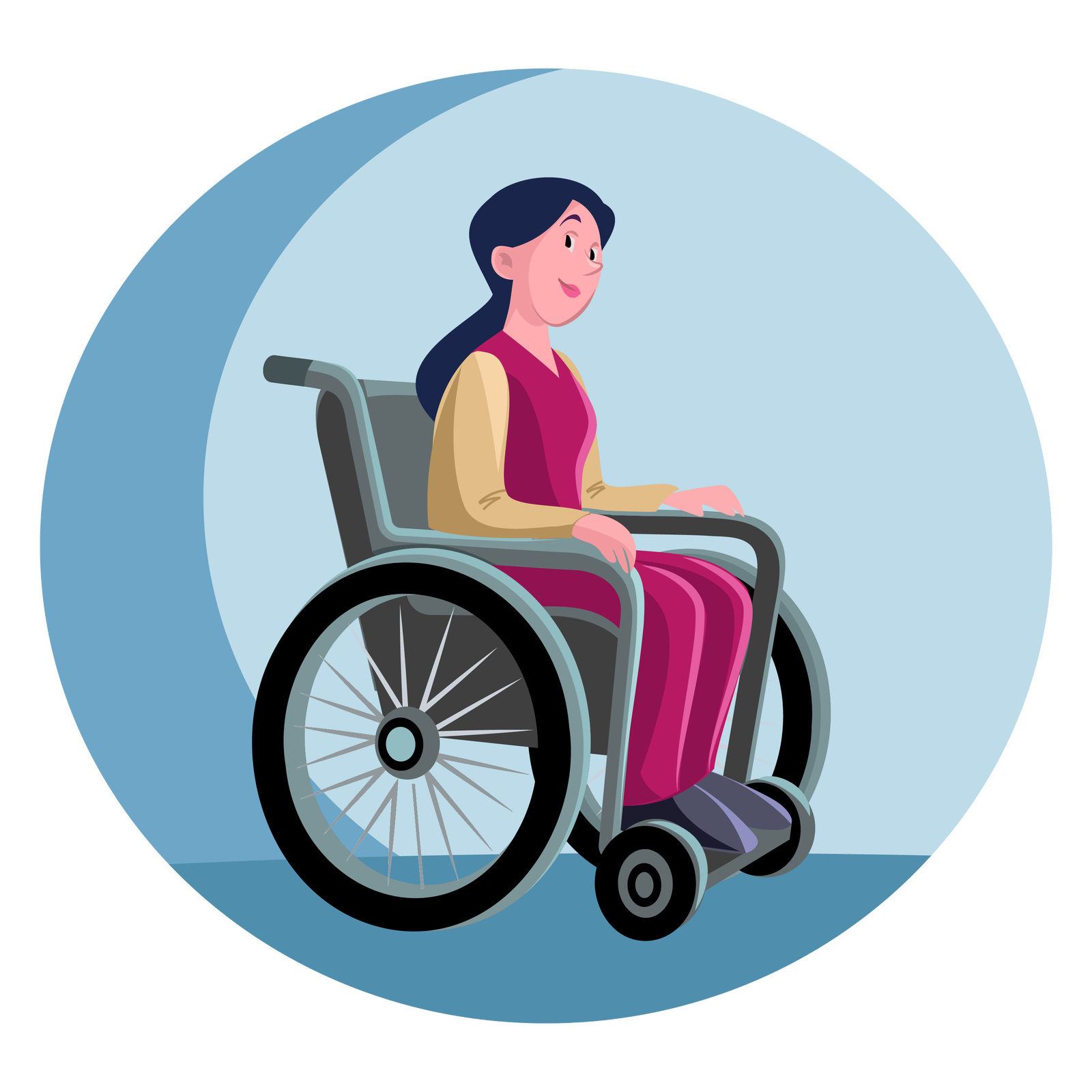 Widoczna jest ilustracja. Przedstawia kobietę na wózku inwalidzkim.