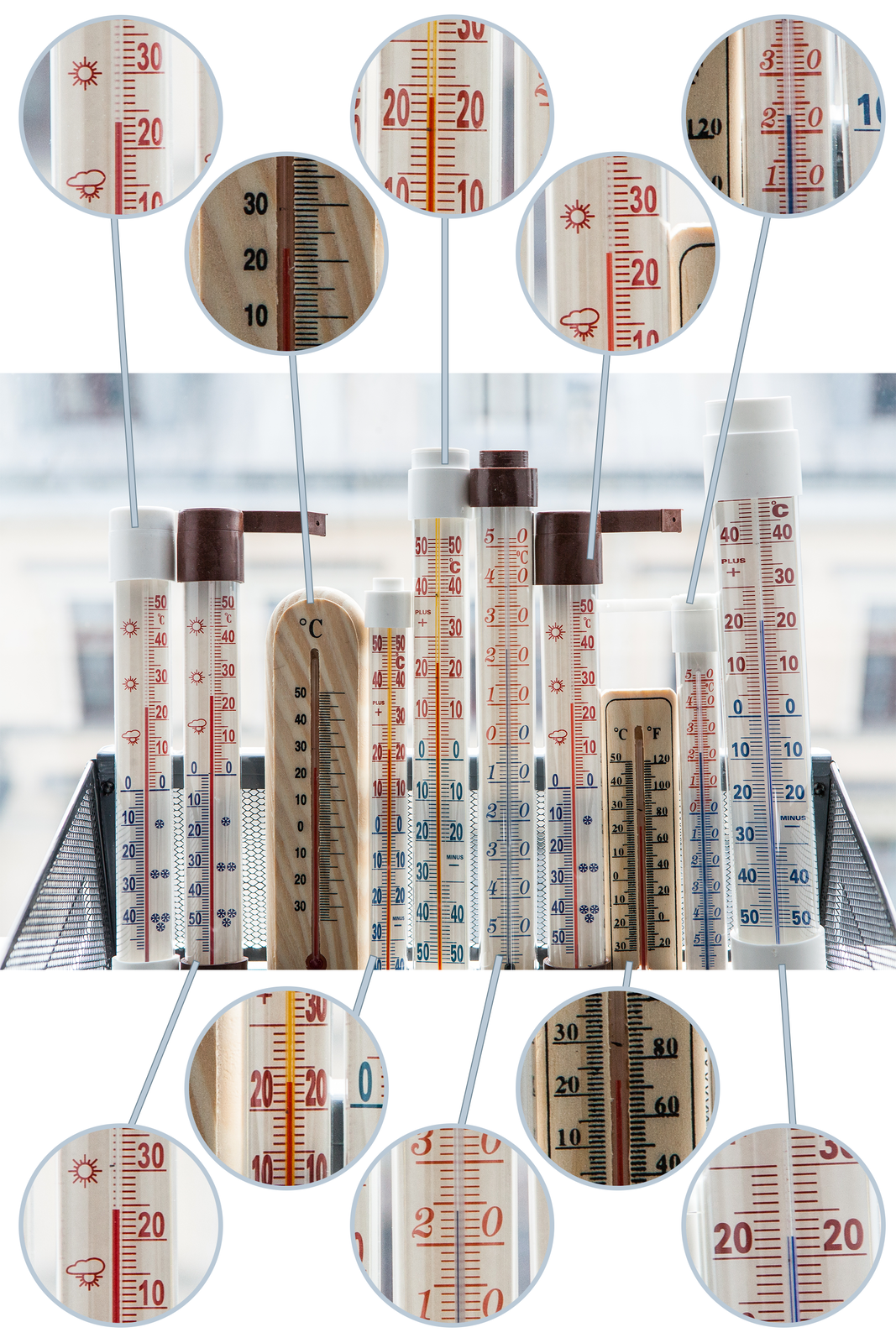 Fotografia przedstawia kosz zawierający termometry służace do pomiaru temperatury w pomieszczeniu lub na zewnątrz. Każdy z nich wskazuje nieco inny wynik pomiaru.
