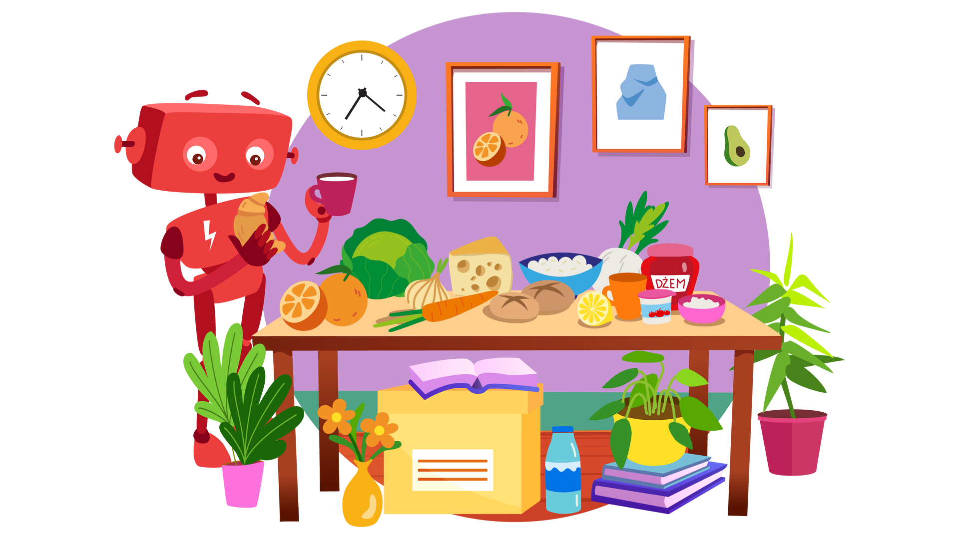 Ilustracja przedstawia pomieszczenie w domu. W tle widać fioletową ścianę, na której po lewej stronie wisi okrągły pomarańczowy zegar ze wskazówkami. Po prawej stronie wiszą trzy obrazki w brązowych ramkach. Pierwszy przedstawia pomarańczę z zielonym listkiem oraz opartą o nią połowę drugiej pomarańczy na różowym tle. Drugi przedstawia niebieski wazon o nietypowym kształcie. Trzeci przedstawia połowę awokado z brązową pestką. Na środku pomieszczenia stoi prostokątny jasnobrązowy stół. Ustawiono na nim naczynia i produkty spożywcze. Są tam: pomarańcza z zielonym listkiem, połowa drugiej pomarańczy, główka sałaty, cebula, marchewka, duży kawałek żółtego sera, dwie bułki, sałatka w niebieskiej misce, połowa cytryny, seler, pomarańczowy kubek, słoik dżemu truskawkowego, opakowanie przetworów z jabłek oraz pasta do smarowania pieczywa w różowej misce. Obok stołu i pod nim znajduje się na drewnianej podłodze kilka przedmiotów. Po lewej stronie jest duża zielona roślina w różowej donicy. Obok są dwa pomarańczowe kwiatki w pomarańczowym wazonie. Na środku ustawiono bladopomarańczowe pudełko z pokrywką. Leży na nim otwarta książka w granatowej oprawie. Dalej na prawo jest butelka wody. Obok butelki są dwie książki ułożone jedna na drugiej. Pierwsza ma niebieską okładkę, a druga granatową. Na książkach stoi zielona roślina w żółtej donicy. Całkiem po prawej stronie widać kolejną zieloną roślinę, w ciemnoróżowej donicy. Po lewej stronie ilustracji, obok stołu, stoi uśmiechnięty Zgrzytek. W lewej dłoni trzyma ciemnoróżowy kubek mleka, a w prawej rogalik, na który spogląda.