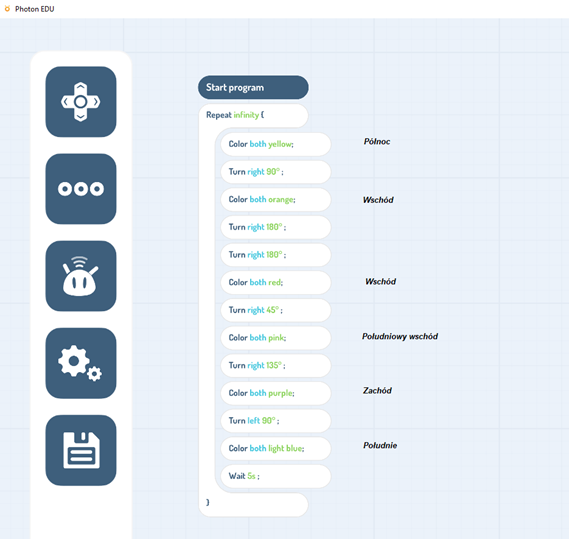 Zrzut ekranu z aplikacji sterującej robotem wykorzystującej programowanie blokowe. Po lewej stronie kwadratowe, granatowe duże przyciski nawigacji, po prawej, w pionie, przykładowy zapis kolejnych kroków programowania zakodowanych w postaci osobnych kafelków. Tło jest błękitne. 