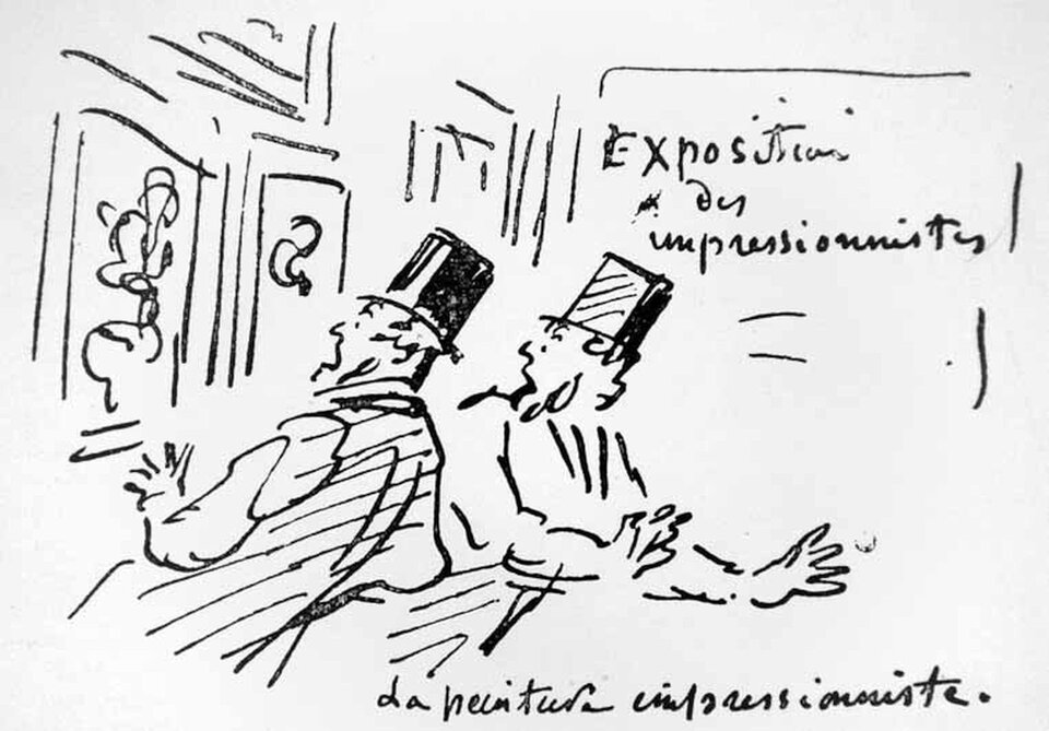 Ilustracja przedstawia szkic, wykonany czarnym tuszem, będący karykaturą pierwszej wystawy impresjonizmu, Ukazuje dwóch mężczyzn w cylindrach we wnętrzu wystawowym. Ich zachowanie wskazuje na zaskoczenie i przerażenie tym, co zobaczyli na oglądanym obrazie. W prawym, górnym i dolnym rogu jest napis po francusku informujący o wystawie impresjonistów. Wysłuchaj audiobooka i określ własnymi słowami, jaki był stosunek Vincenta do obrazów z wystawy.