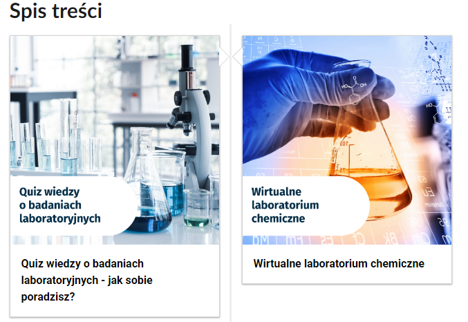 Ilustracja przedstawiająca spis treści. Na pionowej osi znajdują się po dwie ilustracje i tematy sekcji. Po lewej stronie znajduje się zdjęcie laboratorium, mikroskopu i kolb: Quiz wiedzy o badaniach laboratoryjnych – jak sobie poradzisz? Po prawej stronie znajduje się zdjęcie dłoni w ochronnej rękawiczce, trzymającej kolbę wypełnioną do połowy płynem i napis: Wirtualne laboratorium chemiczne.