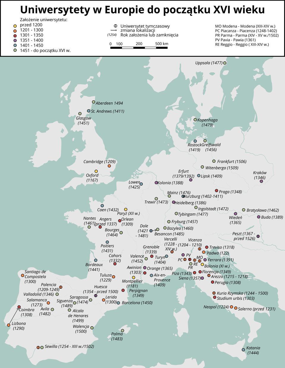 Ilustracja przedstawia mapę uniwersytetów znajdujących się w Europie. Na mapie przedstawione zostały miasta uniwersyteckie i daty założenia w nich uniwersytetów. W górnej części mapy znajduje się legenda mapy podzielona na okresy czasowe (przed 1200 rokiem, między 1201 a 1300 rokiem, między 1301 a 1350 rokiem, między 1351 a 1400 rokiem, miedzy 1401 a 1450 rokiem oraz ostatnia od 1451 do początku 16 wieku). Najstarsze uniwersytety, które powstały przed 1200 roku mieściły się w miastach Oxford (przed 1167), Paryż (12 wiek), Montpellier (1181) i Bolonia (11 wiek). Uniwersytety, które powstały w latach 1201‑1300, znajdowały się między innymi w następujących miastach: Cambridge (1209), Padwa (1222), Santiago de Compostela (1300), Salamanka (przed 1273), Lizbona (1290), Sevilla (1254 do 13 wieku/1504), Neapol (1224). Uniwersytety, które powstały w latach 1301‑1350, znajdowały się między innymi w następujących miastach: Praga (1348), Orlean (1309), Florencja (1349), Piza (1343), Perugia (1308). Do uniwersytetów, które powstały w latach 1351‑1400 należą między innymi: Erfurt (1379/1393), Kolonia (1388), Heidelberg (1386), Wiedeń (1365), Buda (1389), Siena (1357). Karków (1364). Do miast, w których uniwersytety powstały w latach 1401 – 1450 uniwersytety należą między: Wurzburg (1402‑1411), Bordeaux (1441), Turyn (1404), Katania (1444). Do miast, w których uniwersytety powstały po 1401 do początku 16 wieku, należą między innymi: Uppsala (1477), Kopenhaga (1479), Frankfurt (1506), Glasgow (1451), Freiburg (1457), Tubingen (1477), Walencja (1452).