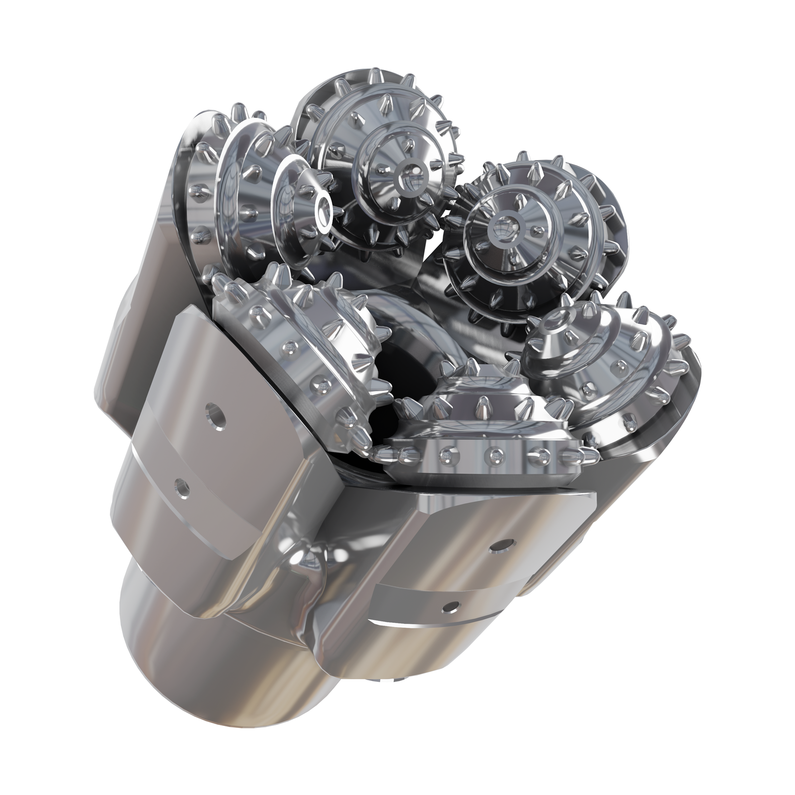 Na ekranie widać model przedstawiający koronkę gryzową z zębami słupkowymi. Koronka gryzowa jest to narzędzie wiercące pozwalające na zwiercanie powierzchni pierścieniowej otworu wiertniczego. Wykonana jest jako korpus stalowy, wyposażony w rolki z nafrezowanymi zębami lub osadzonymi słupkami z węglika wolframu. Koronka ta występuje pod zwyczajową nazwą koronka 'zębata'.
Koronki gryzowe niszczą strukturę skały poprzez jej kruszenie w wyniku przemiany momentu obrotowego przewodu na udary i poślizg zębów po dnie otworu. W tego typu rozwiązaniach konstrukcyjnych energia kinetyczna obrotu przemienia się w energię potencjalną o wartości niezbędnej do zniszczenia skały, przez co uzyskuje się efekt urabiania górotworu.
W rzucie głównym widać urządzenie mechaniczne, którego podstawę stanowi płaski czop w kształcie cylindra. Na czopie osadzonych jest sześć łap zakończonych gryzem. Łapa, znajdująca się w centralnej części ekranu, widziana z tyłu ma kształt prostokąta o zaokrąglonych wierzchołach górnych. Łapa, która znajduje się z prawej strony ekranu, widziana z boku, jest w kształcie połowy prostopadłościanu utworzonego poprzez odcięcie jego części w linii przekątnej prostopadłościanu. Na utworzonej w ten sposób powierzchni bocznej łapy osadzone są gryzy. Gryz stanowi półkolistą tarczę, po obwodzie której w formie wieńców osadzone są słupki. Podstawa słupka jest w kształcie cylindra, na szczycie którego znajduje się zaokrąglenie w formie półkuli lub wierzchołka stożka. Widoczne rzędy wieńców na sąsiadujących gryzach wchodzą między siebie.
W rzucie widać, że urządzenie zbudowane jest z sześciu takich samych segmentów. Osadzone słupki na tarczy gryza rozmieszczone są w formie trzech wieńców. Pomiędzy łapami widać okrągłe otwory, w których znajduje się dysza z płuczką.
Wewnętrzna powierzchnia czopa przy jego podstawie jest żłobiona, czyli posiada połączenie gwintowane.