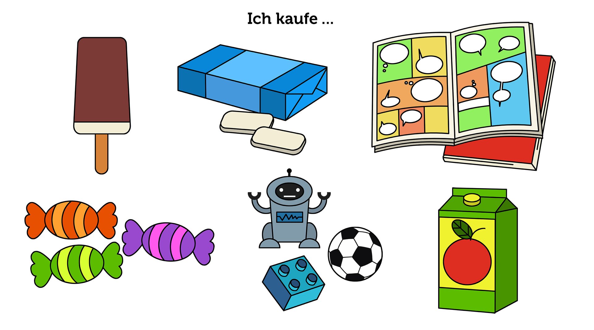 Ilustracja przedstawia lody, gumę do żucia, komiksy, cukierki, zabawki i sok jabłkowy 