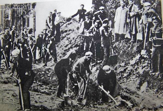 Zdjęcie przedstawia grupę ludzi, która łopatami wykopuje ziemię. Wokół widać gruzowisko. 