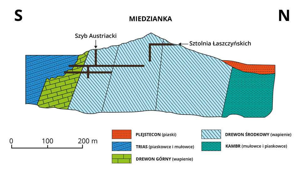 Na ilustracji przedstawiono przekrój geologiczny. Z przekroju można dowiedzieć się o rodzajach skał budujących danych teren, z jakiego okresu pochodzą, jak układały się warstwy skał. W przypadku Miedzianki teren jest zbudowany głównie z wapieni z dewonu środkowego. W tych dewońskich utworach znajduje się Szyb Austriacki i Sztolnia Łaszczyńskich.     