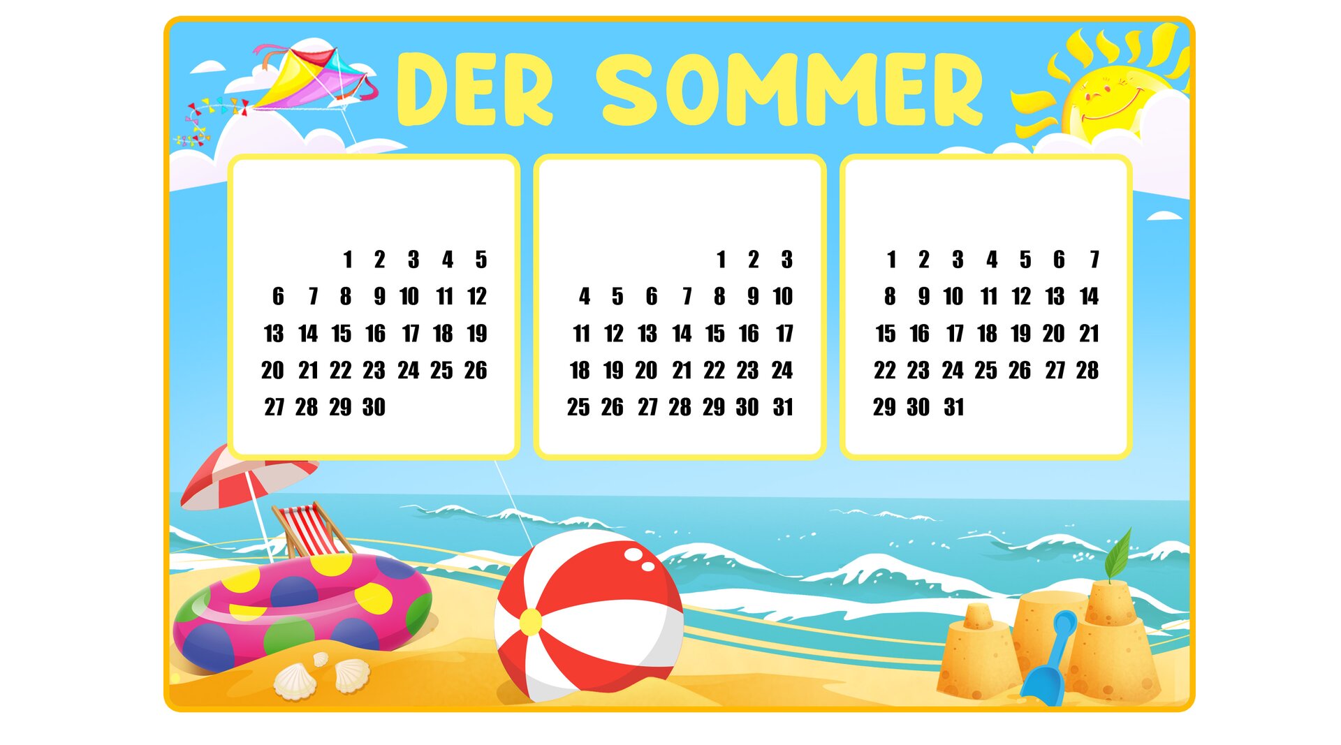 Ilustracja przedstawia kalendarz, na którym widoczne są trzy miesiące letnie.