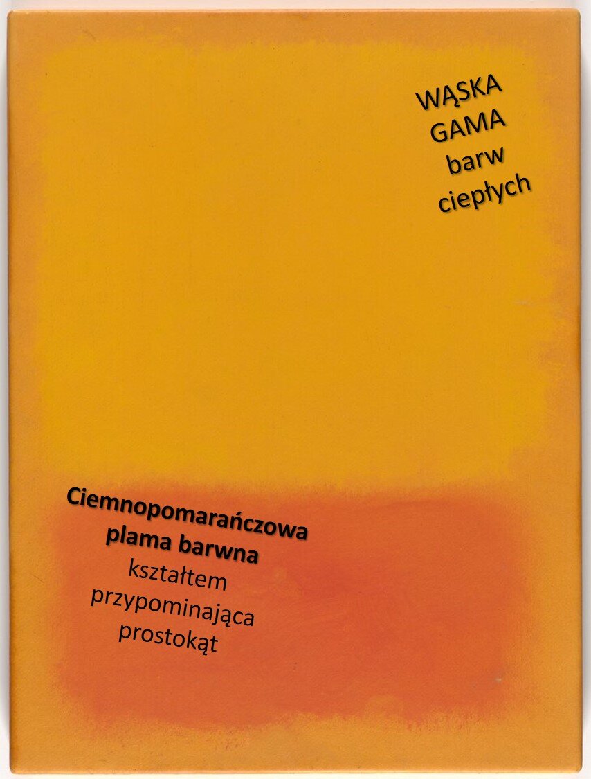 Ilustracja interaktywna przedstawia nieposiadające nazwy dzieło Marka Rothko [czytaj: marka rotko] - pomarańczowo‑żółte tło, na którym, u dołu obrazu, umieszczona została ciemnopomarańczowa plama, kształtem przypominająca prostokąt. Jej krawędzie nie są ostre, widać płynne przejście z pomarańczy w żółć. Dodatkowo na ilustracji zostały umieszczone napisy: Wąska gama barw ciepłych oraz: Ciemnopomarańczowa plama, kształtem przypominająca prostokąt.
