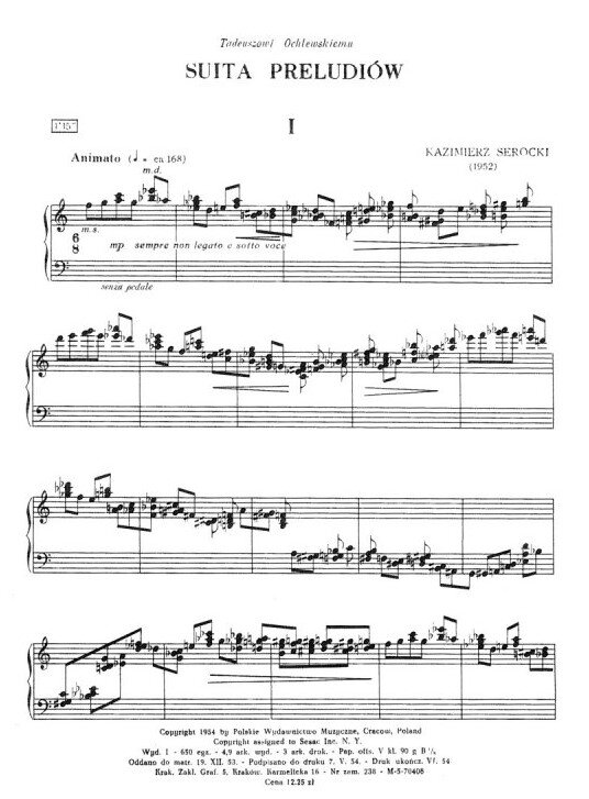 Strona nutowa utworu fortepianowego z tytułem „Suita preludiów I” Kazimierza Serockiego, zawierająca zapis nutowy na dwóch pięcioliniach, oznaczenia tempa i dynamiki oraz informacje wydawnicze u dołu strony.