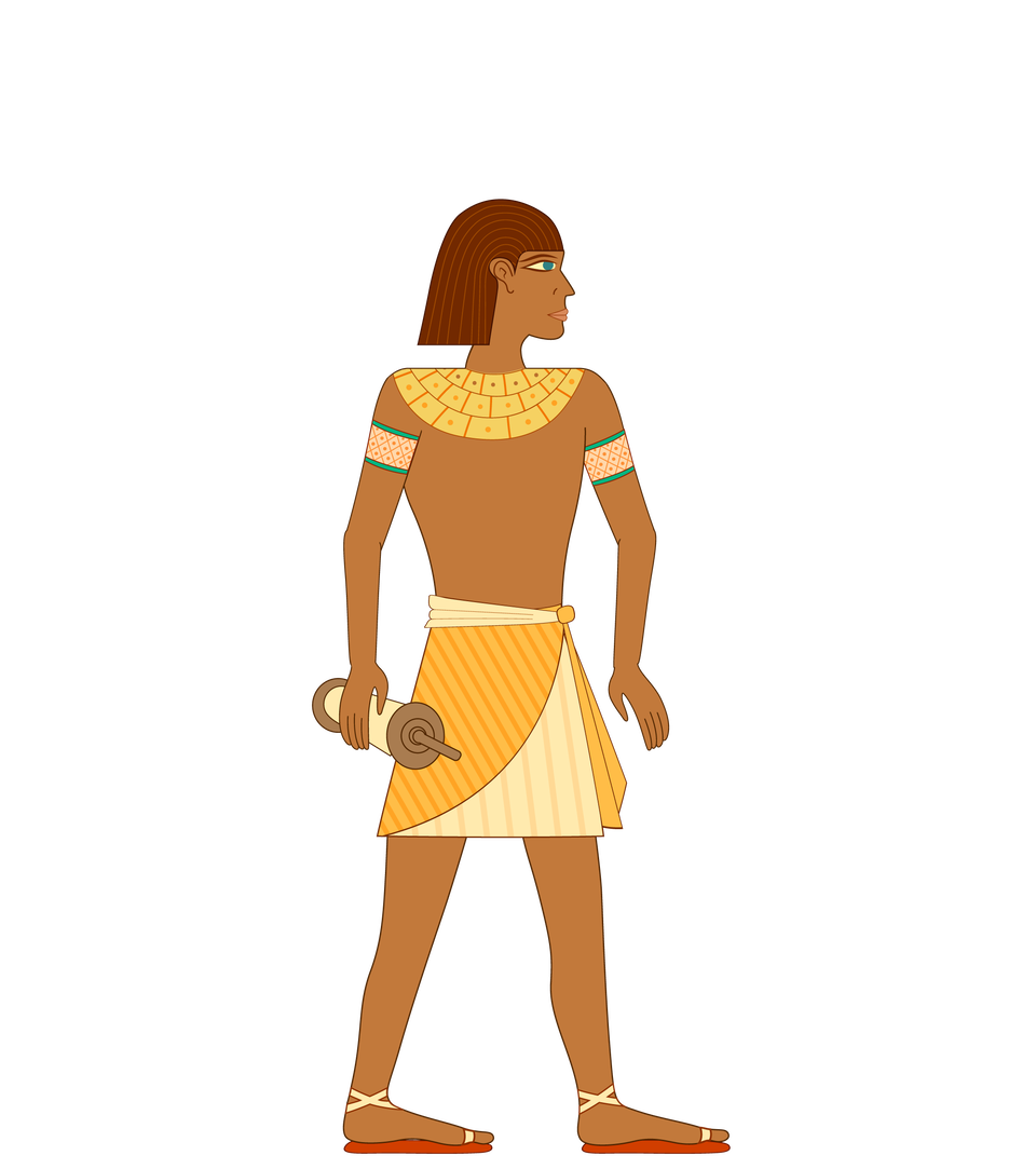 Ilustracja przedstawia sylwetkę urzędnika ukazaną z profilu. Na szyi ma złoty naszyjnik, na ramionach bransolety. Na biodrach nosi tunikę, na stopach sandały. W prawej dłoni trzyma zwój papirusu.